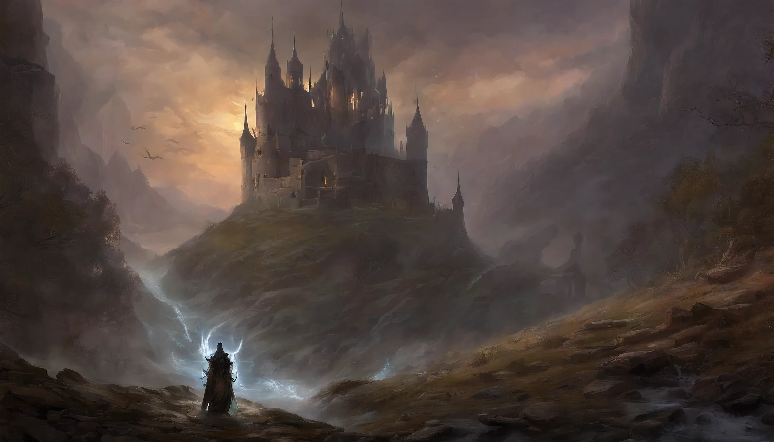 Through the sepia haze of twilight mists, a lone warrior woman stands etched in silhouette along crumbling parapets. She is surrounded by an aura of arcane power - licks of purple flame dance around her voluptuous form, sheer fabrics billowing, outlining dangerous curves. Dark leather and glinting steel armor barely contain her ample cleavage, bared midriff and long legs braced against ancient crenellations.

One hand rests along her hip, the other effortlessly wields a glowing staff of carved dragon bone and gilded steel twisting with icy infernos and sparks of lightning. Raven tresses whip in the rising wind, correlating with the growing supernatural storm summoned by her magic. The forgotten kingdom sprawls below her tightening grasp - emerald hills and babbling dells now clouding with unnatural fog.

Sinister energy hums as she raises her staff, eyes burning violet and lips curled in a beckoning yet vengeful snarl. Gusts rise, whipping her shapeless robes against sensuous skin as thunder rolls warningly over the once-peaceful vale. Muscles flex beneath bare, glowing flesh as she begins an incantation to call down wrathful retribution against the mortals who betrayed her trust ages ago.

The curves of her body silhouette dangerously against sudden lightning flashes, staff gleaming with arcane glyphs, robes flowing back to expose long legs planted firmly in defiance against a land she once protected but now seeks to conquer and subdue. None shall forget this night when the sorceress Morgana returned to reclaim her kingdom by forbidden desire and magic...
