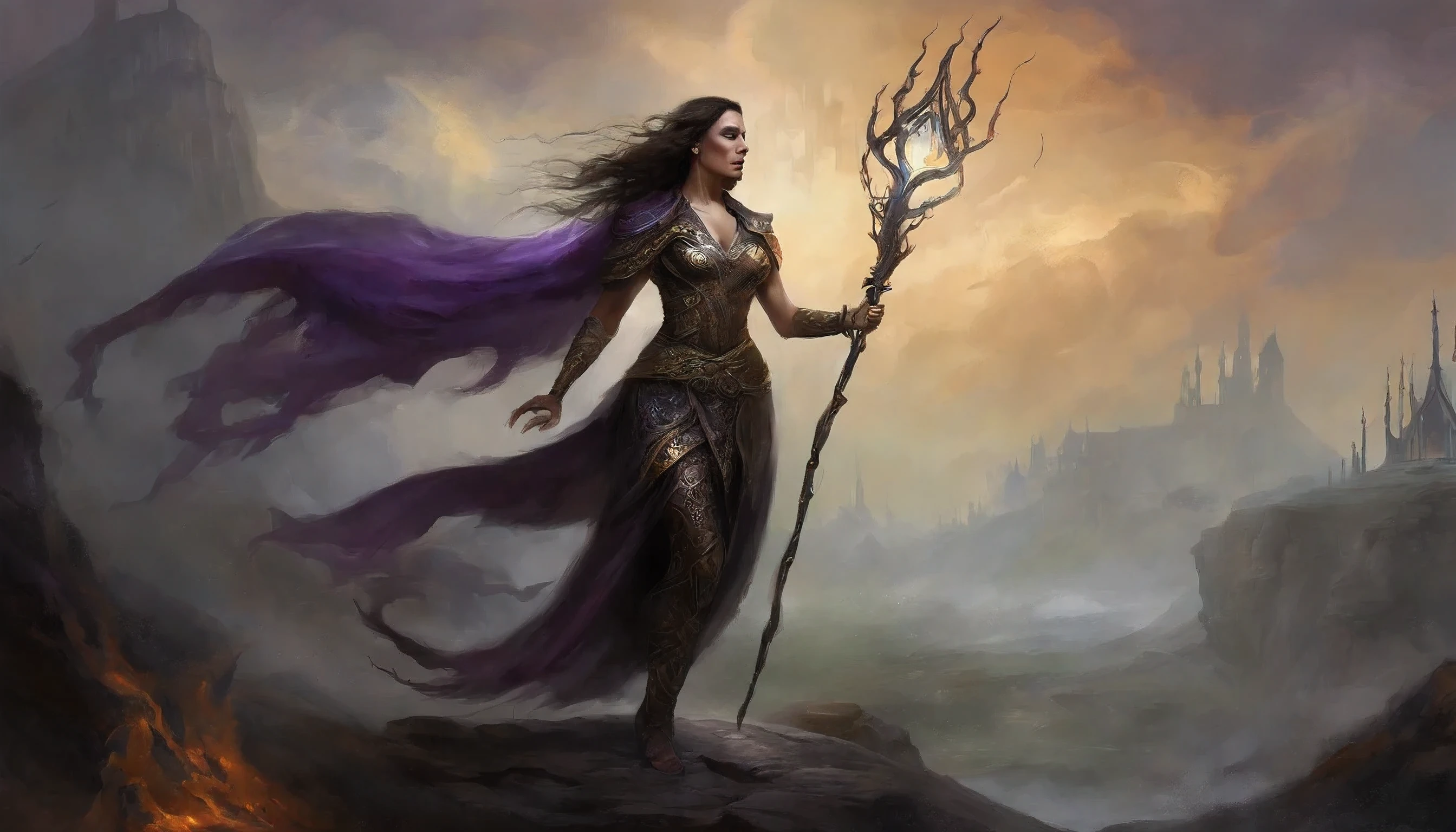 Through the sepia haze of twilight mists, a lone warrior woman stands etched in silhouette along crumbling parapets. She is surrounded by an aura of arcane power - licks of purple flame dance around her voluptuous form, sheer fabrics billowing, outlining dangerous curves. Dark leather and glinting steel armor barely contain her ample cleavage, bared midriff and long legs braced against ancient crenellations.
One hand rests along her hip, the other effortlessly wields a glowing staff of carved dragon bone and gilded steel twisting with icy infernos and sparks of lightning. Raven tresses whip in the rising wind, correlating with the growing supernatural storm summoned by her magic. The forgotten kingdom sprawls below her tightening grasp - emerald hills and babbling dells now clouding with unnatural fog.
Sinister energy hums as she raises her staff, eyes burning violet and lips curled in a beckoning yet vengeful snarl. Gusts rise, whipping her shapeless robes against sensuous skin as thunder rolls warningly over the once-peaceful vale. Muscles flex beneath bare, glowing flesh as she begins an incantation to call down wrathful retribution against the mortals who betrayed her trust ages ago.
The curves of her body silhouette dangerously against sudden lightning flashes, staff gleaming with arcane glyphs, robes flowing back to expose long legs planted firmly in defiance against a land she once protected but now seeks to conquer and subdue. None shall forget this night when the sorceress Morgana returned to reclaim her kingdom by forbidden desire and magic...