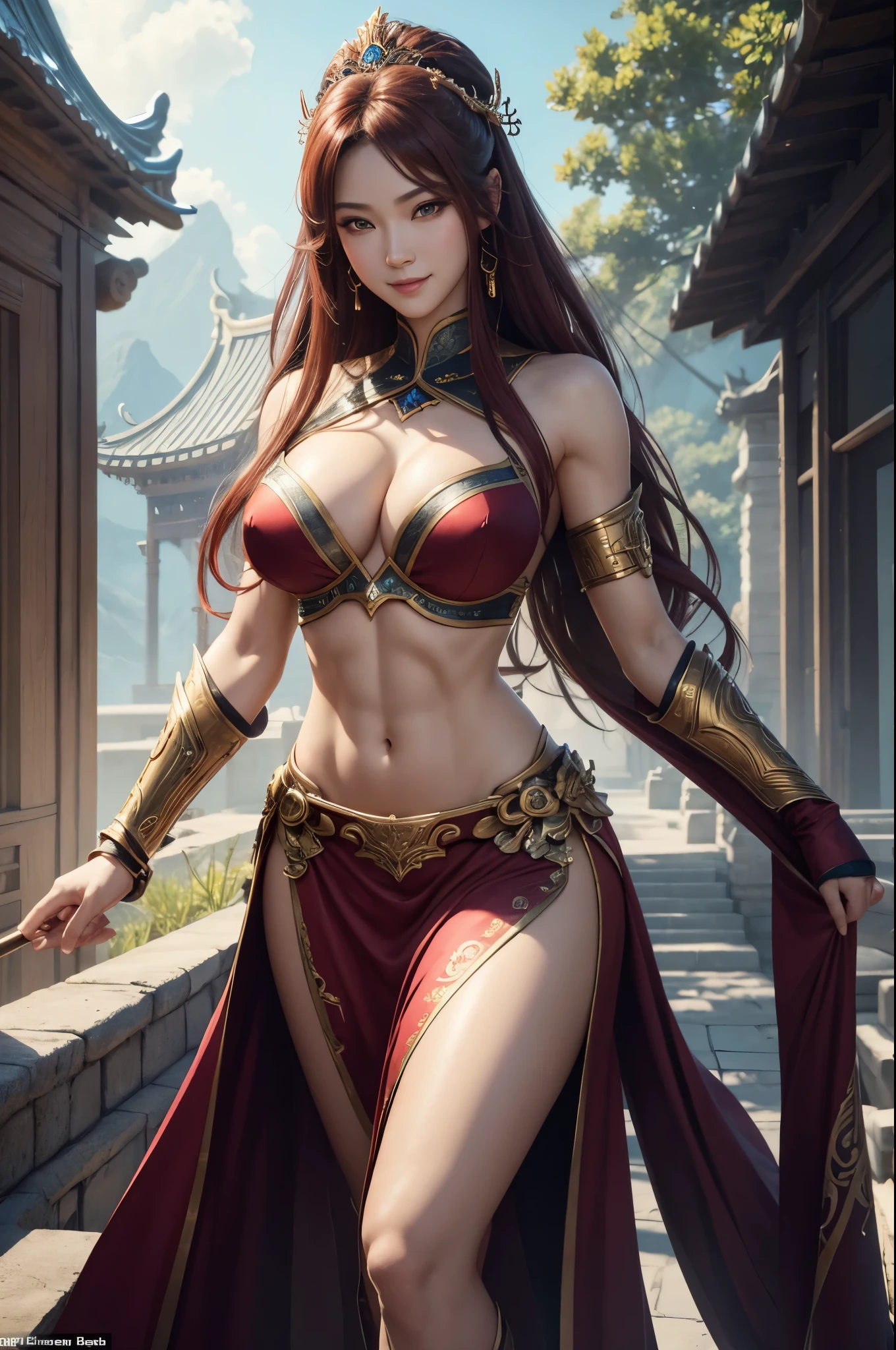 8k,Goddess close-up, gorgeous big breast dress, Sexy超美人(like the real thing)goddess of war,slender body,muscular woman,smile,kind eyes,beautiful long red hair,strongly cracked abdominal muscles,Sexy,highly detailed art germ, Alexandra Fomina Art Station, 2. 5d cgi anime fantasy artwork, fan art best art station, great character art, Kushart Krenz Key Art Feminine, Chengwei Pan at Art Station,Super high resolution,fantasy art,strongly cracked abdominal muscles,muscular thin legs,very big breasts,luxurious long skirt,Inside the temple,view audience,smile,kind eyes,beautiful expression,