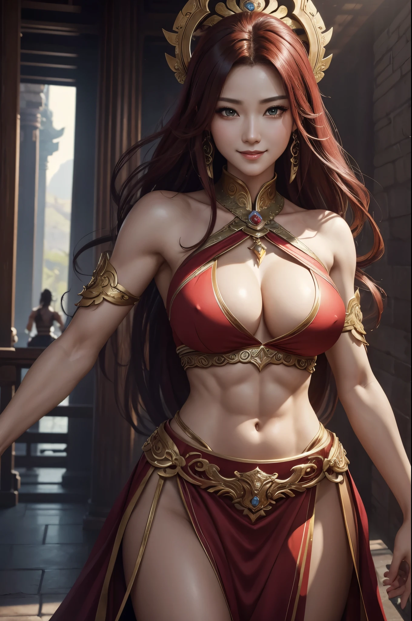 8k,Goddess close-up, gorgeous big breast dress, Sexy超美人(like the real thing)goddess of war,slender body,muscular woman,smile,kind eyes,beautiful long red hair,strongly cracked abdominal muscles,Sexy,highly detailed art germ, Alexandra Fomina Art Station, 2. 5d cgi anime fantasy artwork, fan art best art station, great character art, Kushart Krenz Key Art Feminine, Chengwei Pan at Art Station,Super high resolution,fantasy art,strongly cracked abdominal muscles,muscular thin legs,very big breasts,luxurious long skirt,Inside the temple,view audience,smile,kind eyes,beautiful expression,