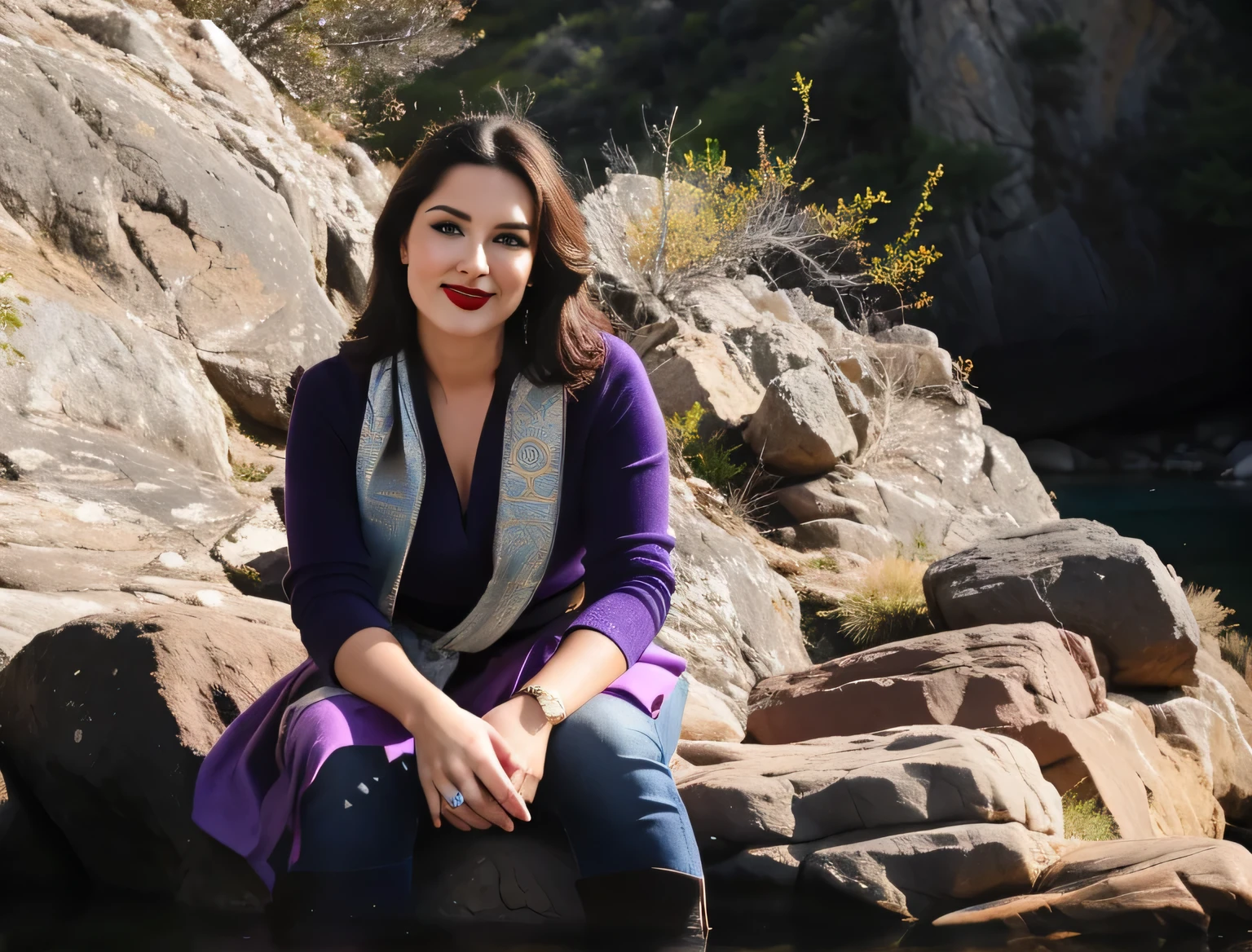 woman sentado em uma pedra with a purple scarf, sentado nas pedras, nas montanhas, sentado perto de um rio, sentado em uma pedra, com montanhas ao fundo, lindoly sitting on a mountain. Uma mulher com pele branca e cabelos escuros. ela tem cerca de 35 anos. Her slightly plump, red lips are like a delicate flower, o marrom escuro dela, olhos grandes e encantadores parecem conter um mundo de maravilhas. Corpo fino. cintura fina. Your body exudes glamor and your face is the definition of beauty. Teste, altamente realista, Pele avermelhada, lindo, slightly full lips, batom vermelho, sorridente, feeling of lightness and joy, hiperrealismo, pele muito elaborada, olhar direto. foto de corpo inteiro, foto clara, alta qualidade, high resolution, obra de arte, 8K.