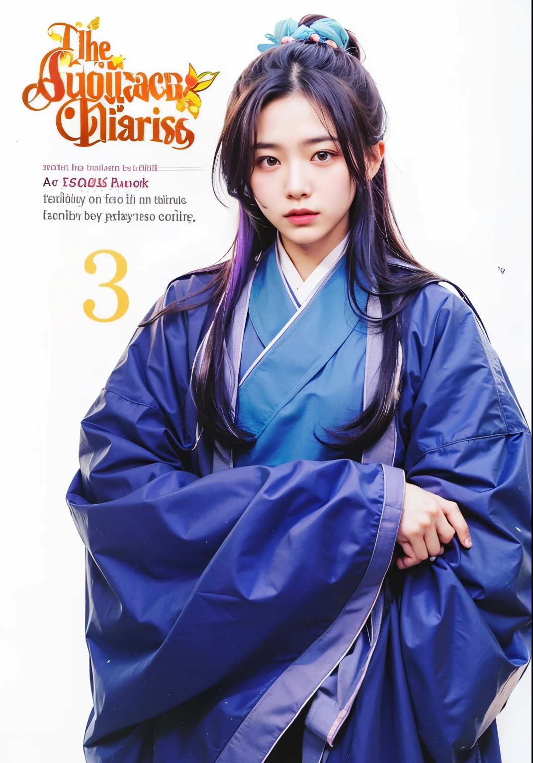 man, with purple hair and eyes, wearing a traditional Chinese hanfu. His hair is half up and bound into a bun with white cloth.