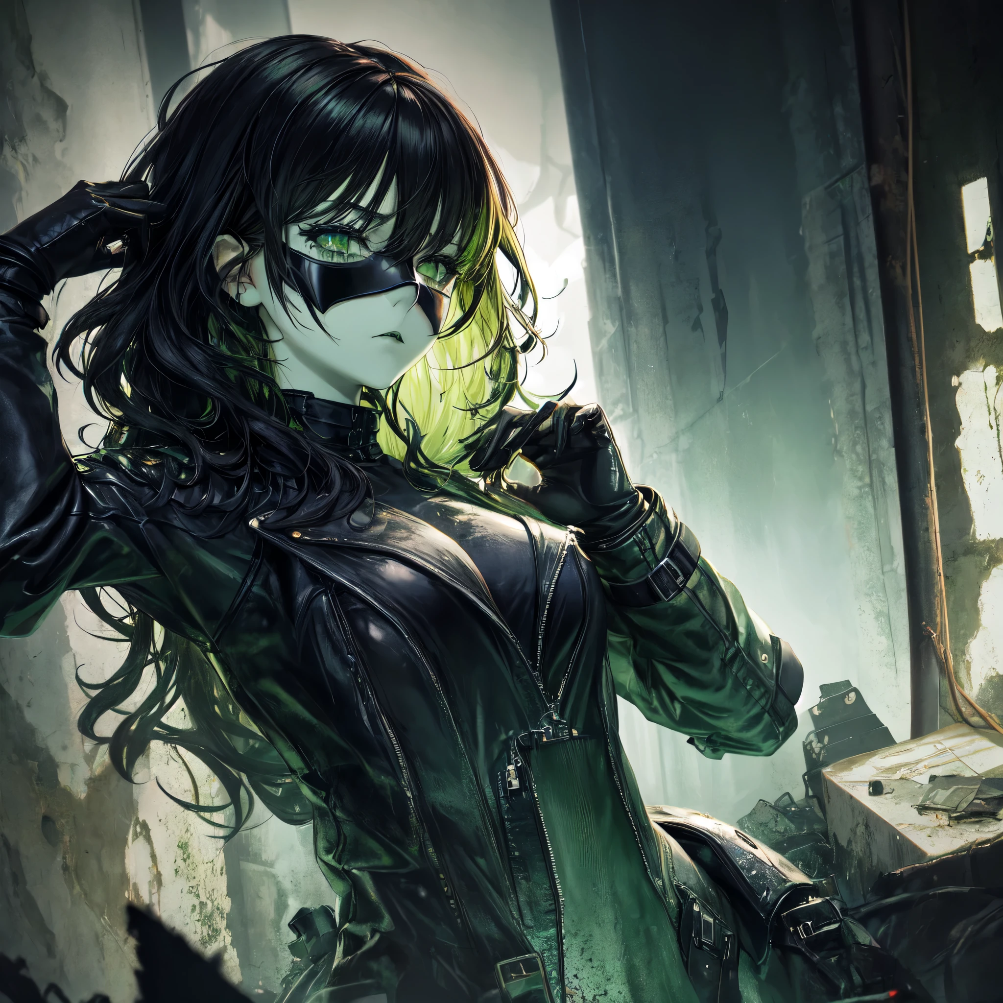 a woman with leather clothes, pale skin, green eyes and dark makeup,antisocial expression, wearing a black radioactive mask, black almost medium wavy hair with tints of green. Dark and eerie atmosphere background of an abandoned nuclear usin. 