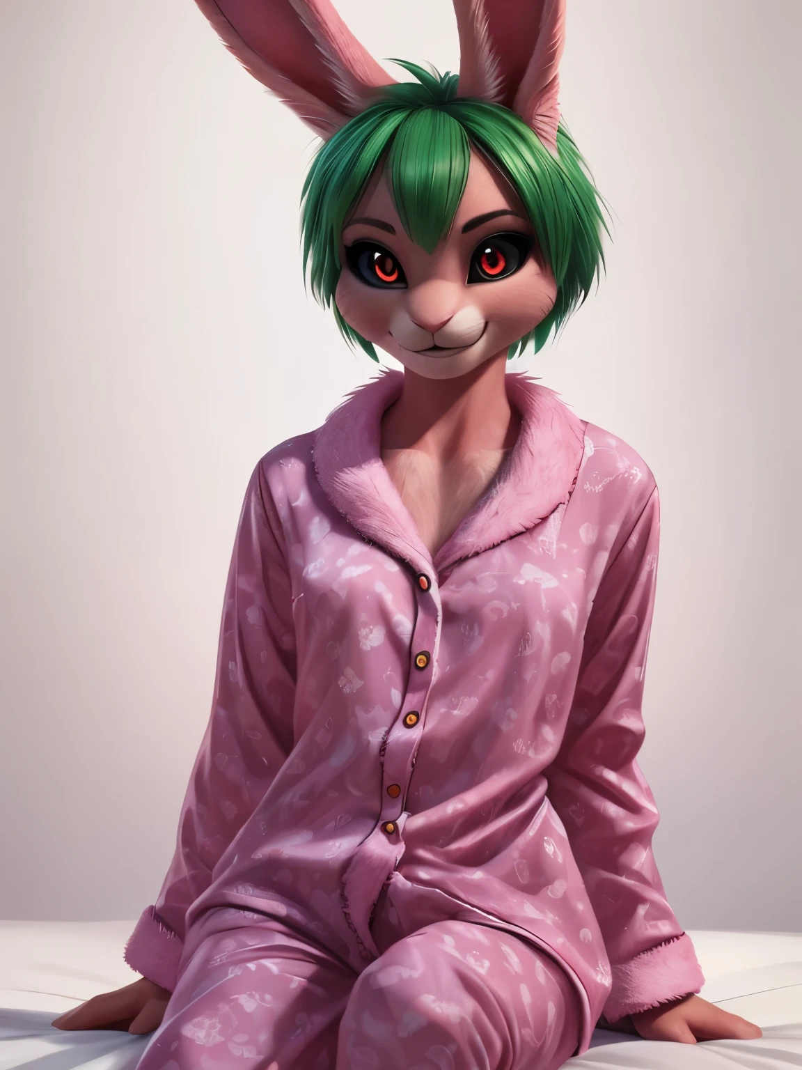 (by pixelsketcher:0.6), (by personalami :0.6),female,rabbit, (perfect focus:1.1), 8k hd, photo, (detailed eyes:1.2), very small breasts, wide ,(pajamas, pink pajamas, sleepwear), bright colors, (furry detail:1.3),simple background, white background, single color background, photorealistic, ultra realistic,realistic, photorealistic, ultra realistic,smile,(fluffy:1.3), furry, buff, (realistic fur:1.1), (extreme fur detail:1.2),((Green hair, short hair)),punk style hair,((Pink skin, pink fur)),((rabbit tail)),3d pixar style,(((Black Sclera:1.5, red eyes))),Rabbit ears,Pink bunny ears,(((small breasts,very small size))),((full body,sexy legs))