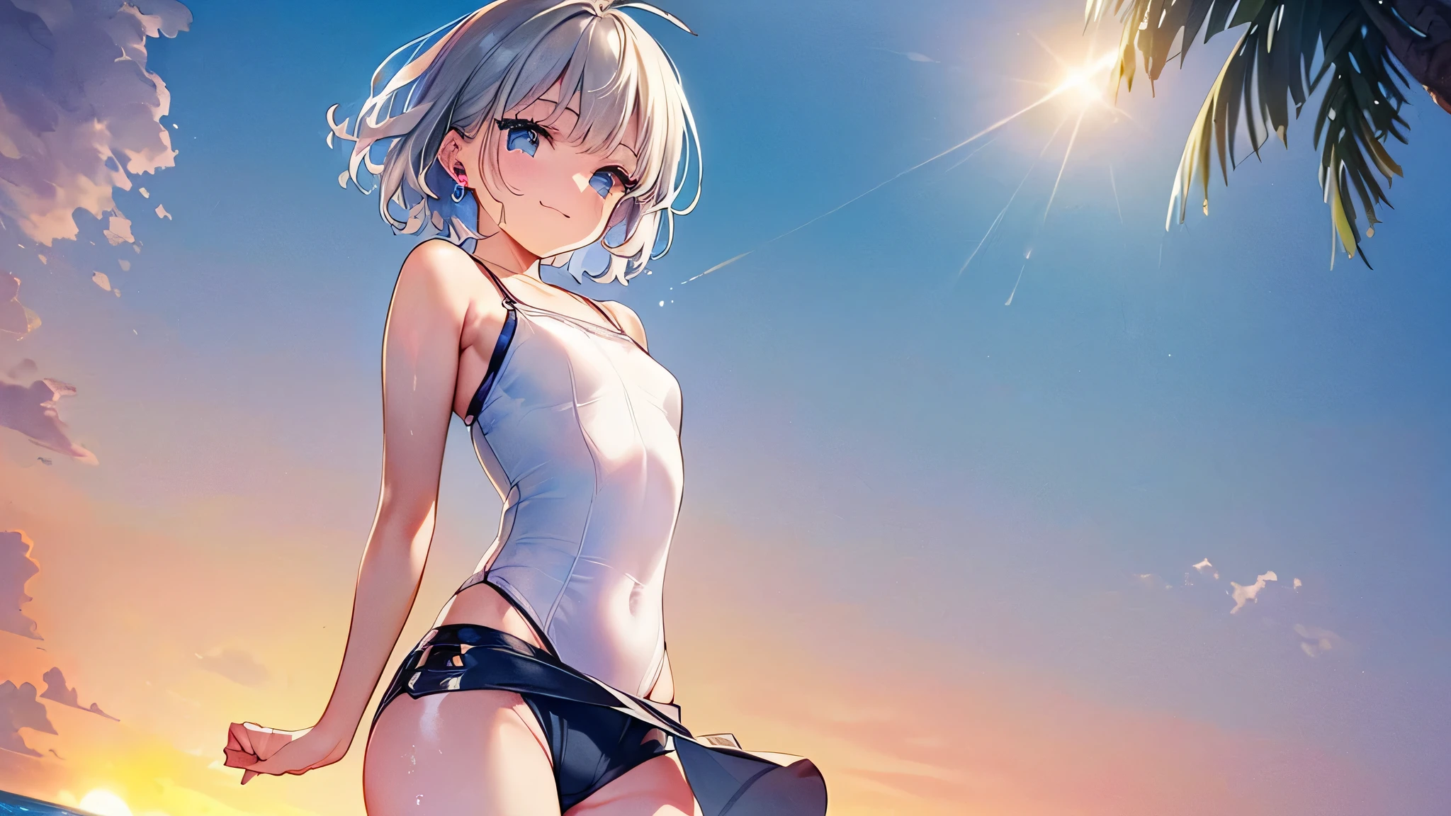 (((masterpiece)), (((highest quality)), (((very delicate and beautiful)), (Highly detailed CG Unity 8k wallpaper: 1.3), very delicate light, (Backlight), (steampunk),
/=、
(cowboy body)), (1 : 1.3), alone, (), (small), white swimsuit, high waist shorts, gray hair, blue eyes, earrings, (wavy curly short hair), (Ahoge), (cute face: 1.114), (fine eyes: 1.15), (cute face: 1.114)
, (Beautiful slender eyes and beautiful face: 1.15),
Smiling girl in a beautiful tropical landscape、looks happy. after her, the sun is setting, shine a warm light on the scene, create a dreamy atmosphere. far away, palm trees sway in the wind, Creates a sense of relaxation, retro atmosphere, sand etc.., sun, beach, Ocean, horizon, hang on.
Highly detailed ray tracing