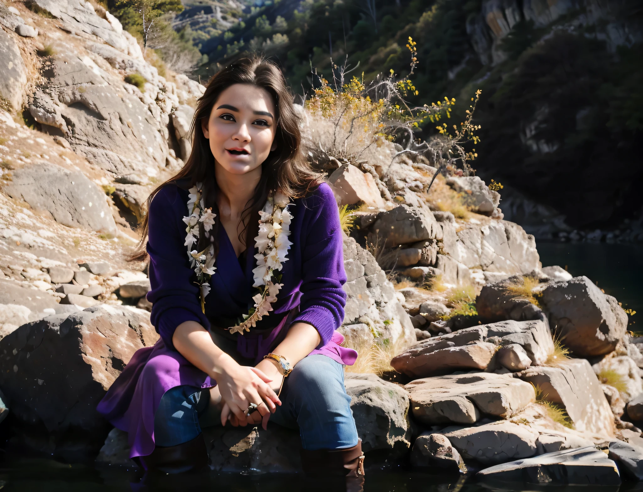 woman sentado em uma pedra with a purple scarf, sentado nas pedras, nas montanhas, sentado perto de um rio, sentado em uma pedra, com montanhas ao fundo, lindoly sitting on a mountain. Uma mulher com pele branca e cabelos escuros. ela tem cerca de 35 anos. Her slightly plump, red lips are like a delicate flower, o marrom escuro dela, olhos grandes e encantadores parecem conter um mundo de maravilhas. Corpo fino. cintura fina. Your body exudes glamor and your face is the definition of beauty. Teste, altamente realista, Pele avermelhada, lindo, slightly full lips, batom vermelho, sorridente, feeling of lightness and joy, hiperrealismo, pele muito elaborada, olhar direto. foto de corpo inteiro, foto clara, alta qualidade, high resolution, obra de arte, 8K.