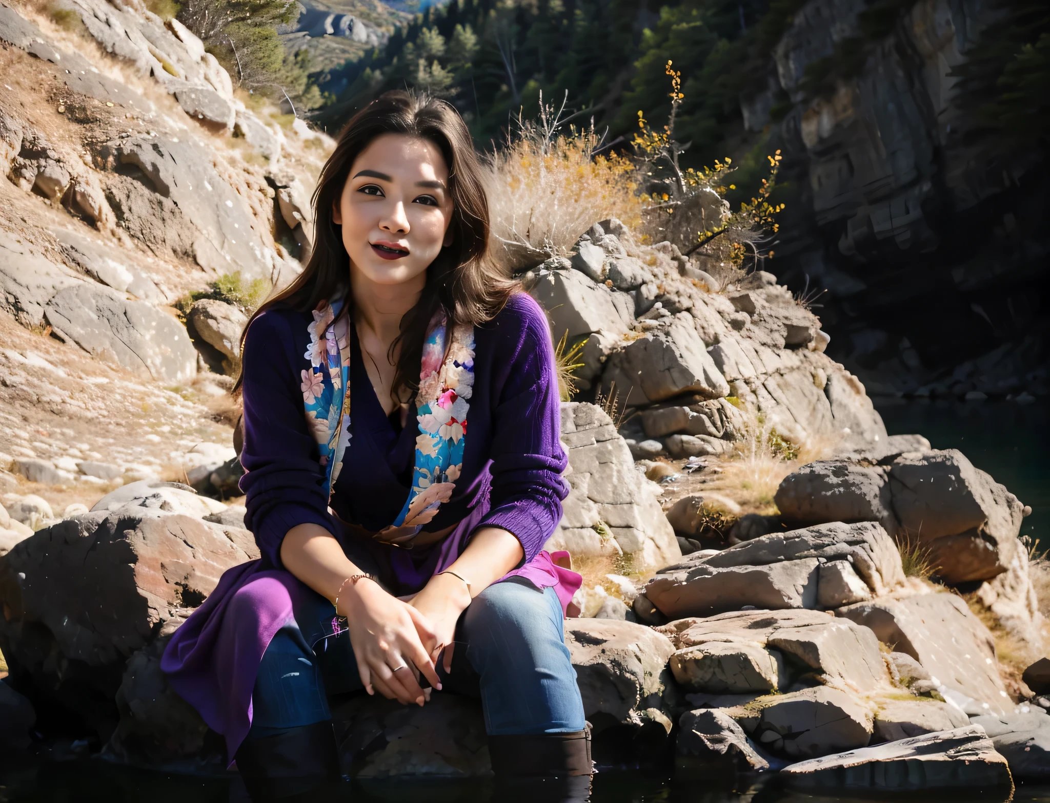 woman sentado em uma pedra with a purple scarf, sentado nas pedras, nas montanhas, sentado perto de um rio, sentado em uma pedra, com montanhas ao fundo, lindoly sitting on a mountain. Uma mulher com pele branca e cabelos escuros. ela tem cerca de 35 anos. Her slightly plump, red lips are like a delicate flower, o marrom escuro dela, olhos grandes e encantadores parecem conter um mundo de maravilhas. Corpo fino. cintura fina. Your body exudes glamor and your face is the definition of beauty. Teste, altamente realista, Pele avermelhada, lindo, slightly full lips, batom vermelho, sorridente, feeling of lightness and joy, hiperrealismo, pele muito elaborada, olhar direto. foto de corpo inteiro, foto clara, alta qualidade, high resolution, obra de arte, 8K.