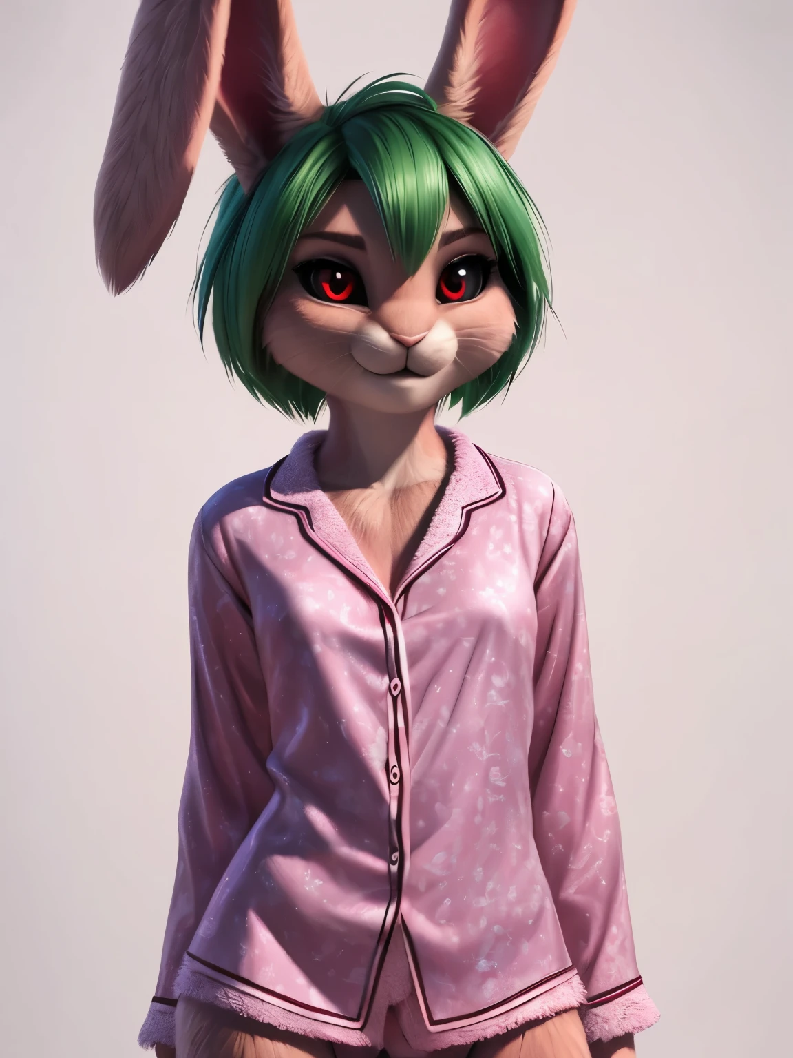 (by pixelsketcher:0.6), (by personalami :0.6),female,rabbit, (perfect focus:1.1), 8k hd, photo, (detailed eyes:1.2), very small breasts, wide ,(pajamas, pink pajamas, sleepwear), bright colors, (furry detail:1.3),simple background, white background, single color background, photorealistic, ultra realistic,realistic, photorealistic, ultra realistic,smile,(fluffy:1.3), furry, buff, (realistic fur:1.1), (extreme fur detail:1.2),((Green hair, short hair)),punk style hair,((Pink skin, pink fur)),((rabbit tail)),3d pixar style,(((Black Sclera:1.5, red eyes))),Rabbit ears,full rabbit ears,Pink bunny ears,(((small breasts,very small size))),((full body,sexy legs))