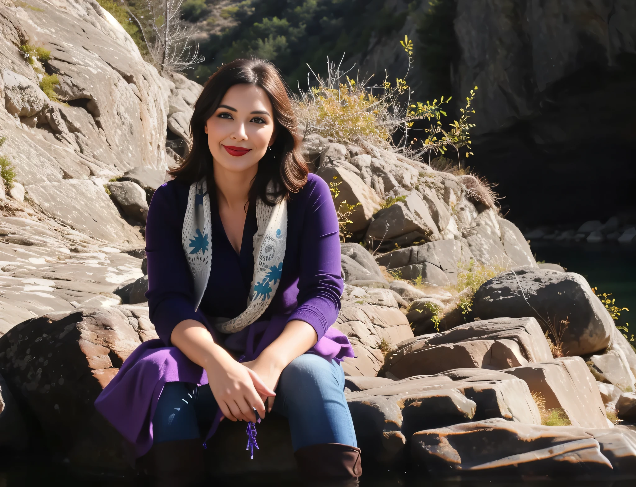 woman sentado em uma pedra with a purple scarf, sentado nas pedras, nas montanhas, sentado perto de um rio, sentado em uma pedra, com montanhas ao fundo, lindoly sitting on a mountain. Uma mulher com pele branca e cabelos escuros. ela tem cerca de 35 anos. Her slightly plump, red lips are like a delicate flower, o marrom escuro dela, olhos grandes e encantadores parecem conter um mundo de maravilhas. Corpo fino. cintura fina. Your body exudes glamor and your face is the definition of beauty. Teste, altamente realista, Pele avermelhada, lindo, slightly full lips, batom vermelho, sorridente, feeling of lightness and joy, hiperrealismo, pele muito elaborada, olhar direto. foto de corpo inteiro, foto clara, alta qualidade, high resolution, obra de arte, 8K.