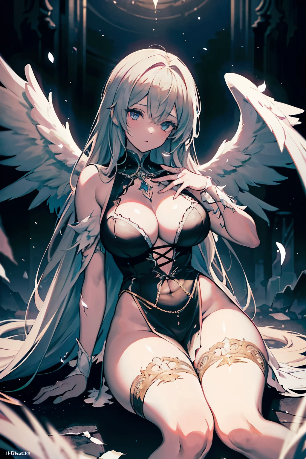 The angelic figure lies gracefully on a stone in the heart of a dark and atmospheric background, surrounded by intricate details that add to the dramatic atmosphere. Her torn and tattered clothes flutter gently in the wind, revealing a detailed and high-quality depiction of her supple and curvaceous form. The shot focuses on her perfect eyes, depicted in hyperdetailed and high-definition 8k HDR. The soft cinematic light illuminates her form, enhancing the rich colors and dynamic pose of the angel. The high level of detail and attention to textures creates a captivating and mesmerizing scene that is both visually and emotionally stirring, (magazine:1.3