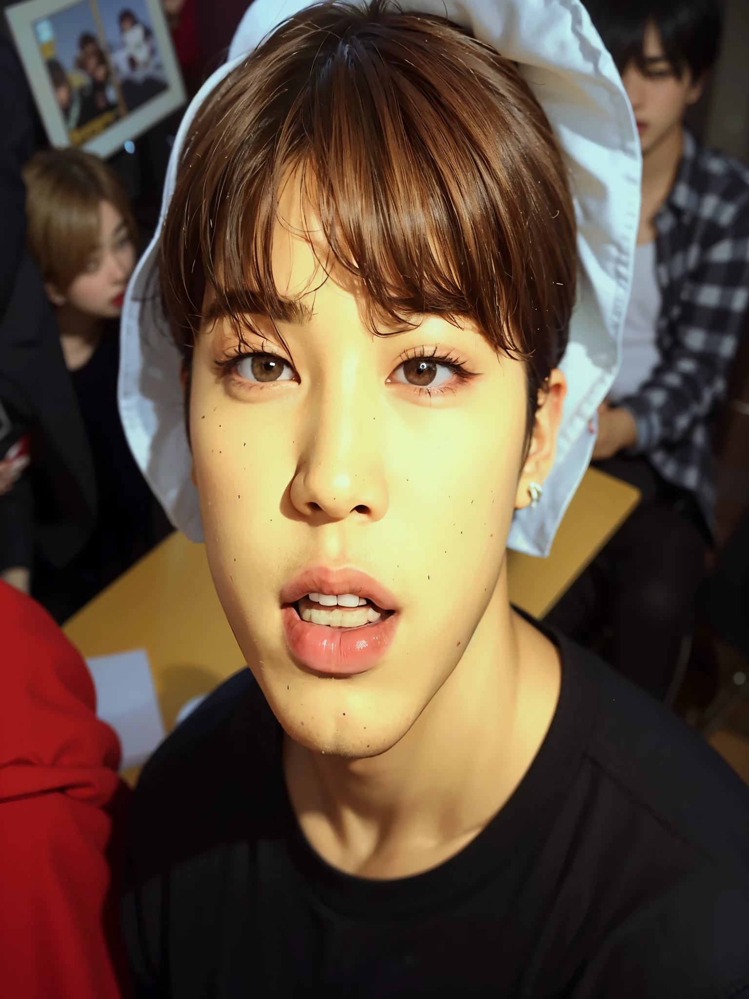 there is a young man with a white hat on his head, jimin\'s plump lips, accurate jimin face, jimin\'s grecian nose, jimin, park jimin, jimin\'s right eyelid swollen, wan adorable korean face, taejune kim, bts, kim doyoung, wry smirk, hyung tae, all from the group nct