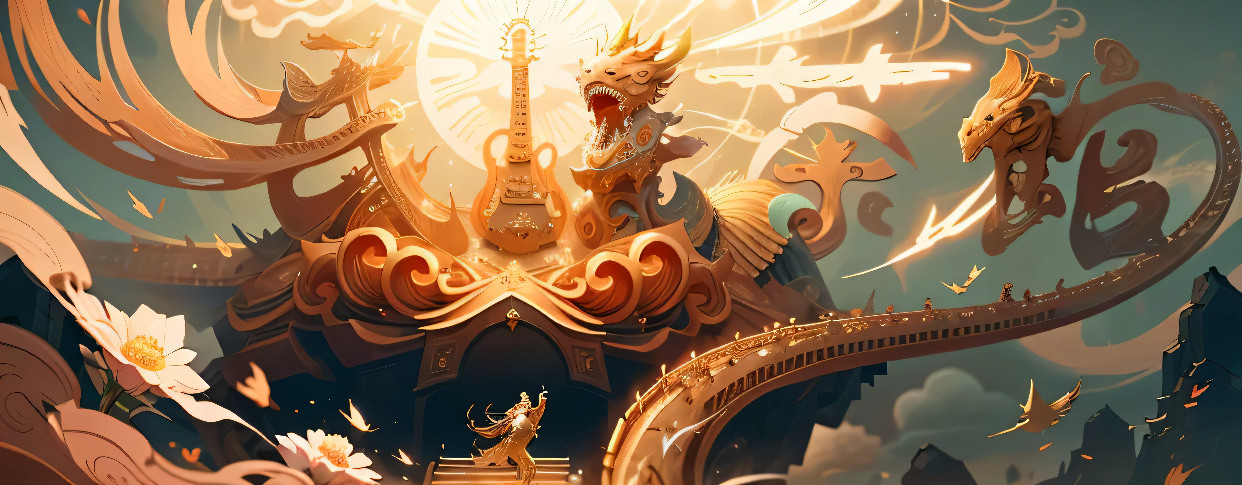 no humans, Chinese style,Ivory Gold AI, masterpiece,Super exquisite,three dimensional,super rich,super detailed,32k,a brand、masterpiece、(White background:1)、Golden Chinese dragon surrounded by white clouds、pink sakura tree、petal、wind、One demon、Long wavy、fangs、fantasy、myth、high quality、Very detailed、masterpiece、epic、particle effects、dynamic effect、sun in background