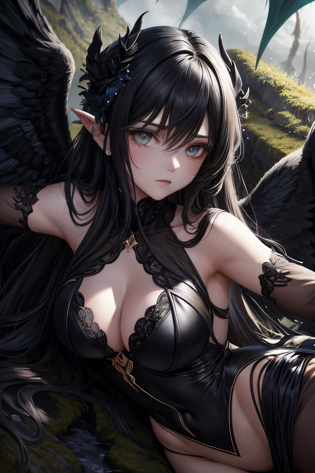 Angel-succubus in an intriguing pose, lying on a moss-covered stone against a backdrop of dark, swirling clouds. The colors of her ethereal wings contrast sharply with the deep hues of her tattered clothing. Her eyes, two pools of hyperdetailed, intense intensity, glisten with an otherworldly luminescence. The image is captured in stunning 8K HDR, showcasing every detail - from the delicate folds of her wings to the intricate textures of her torn clothes. The soft cinematic light caresses her form, highlighting the curves and contours of her high-detailed, voluptuous figure. The atmospher