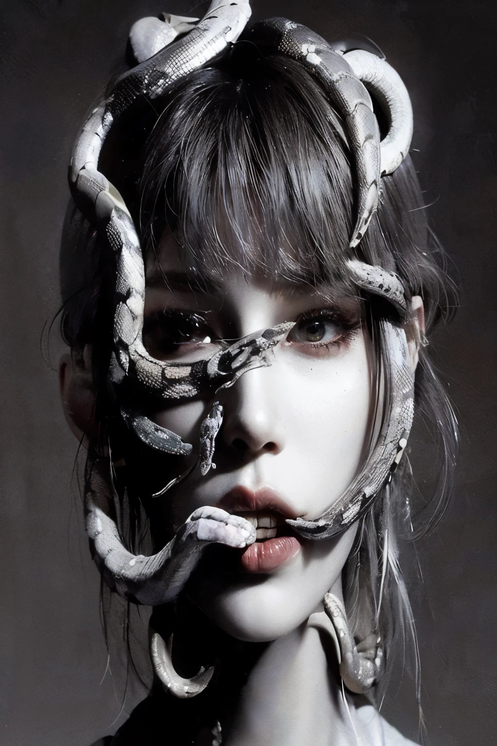 una mujer con una serpiente en la cabeza y una serpiente en la cara, sus muchas serpientes como cabello, Dama con cara de serpiente, with serpientes para el cabello, foto de retrato de , Mujer serpiente, reina de las serpientes, modelado, hermoso y aterrador, por Hedi Xandt, serpientes para el cabello, dark reina de las serpientes