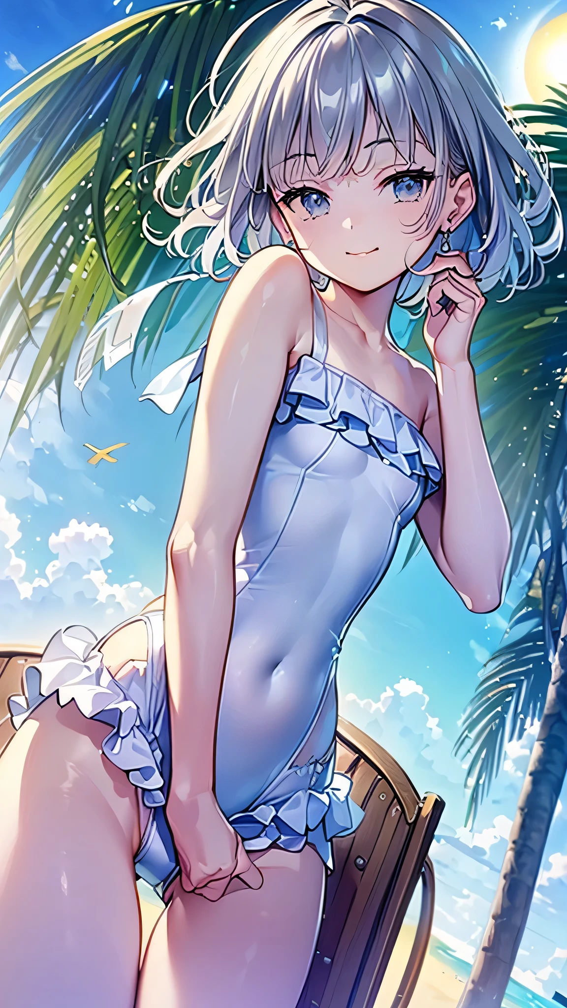 (((masterpiece)), (((highest quality)), (((very delicate and beautiful)), (Highly detailed CG Unity 8k wallpaper: 1.3), very delicate light, (Backlight), (steampunk),

/=、
(cowboy body)), (1 : 1.3), alone, (), (small), white swimsuit, high waist shorts, gray hair, blue eyes, earrings, (wavy curly short hair), (Ahoge), (cute face: 1.114), (fine eyes: 1.15), (cute face: 1.114)
, (Beautiful slender eyes and beautiful face: 1.15),
Smiling girl in a beautiful tropical landscape、looks happy. after her, the sun is setting, shine a warm light on the scene, create a dreamy atmosphere. far away, palm trees sway in the wind, Creates a sense of relaxation, retro atmosphere, sand etc.., sun, beach, Ocean, horizon, hang on.

Highly detailed ray tracing