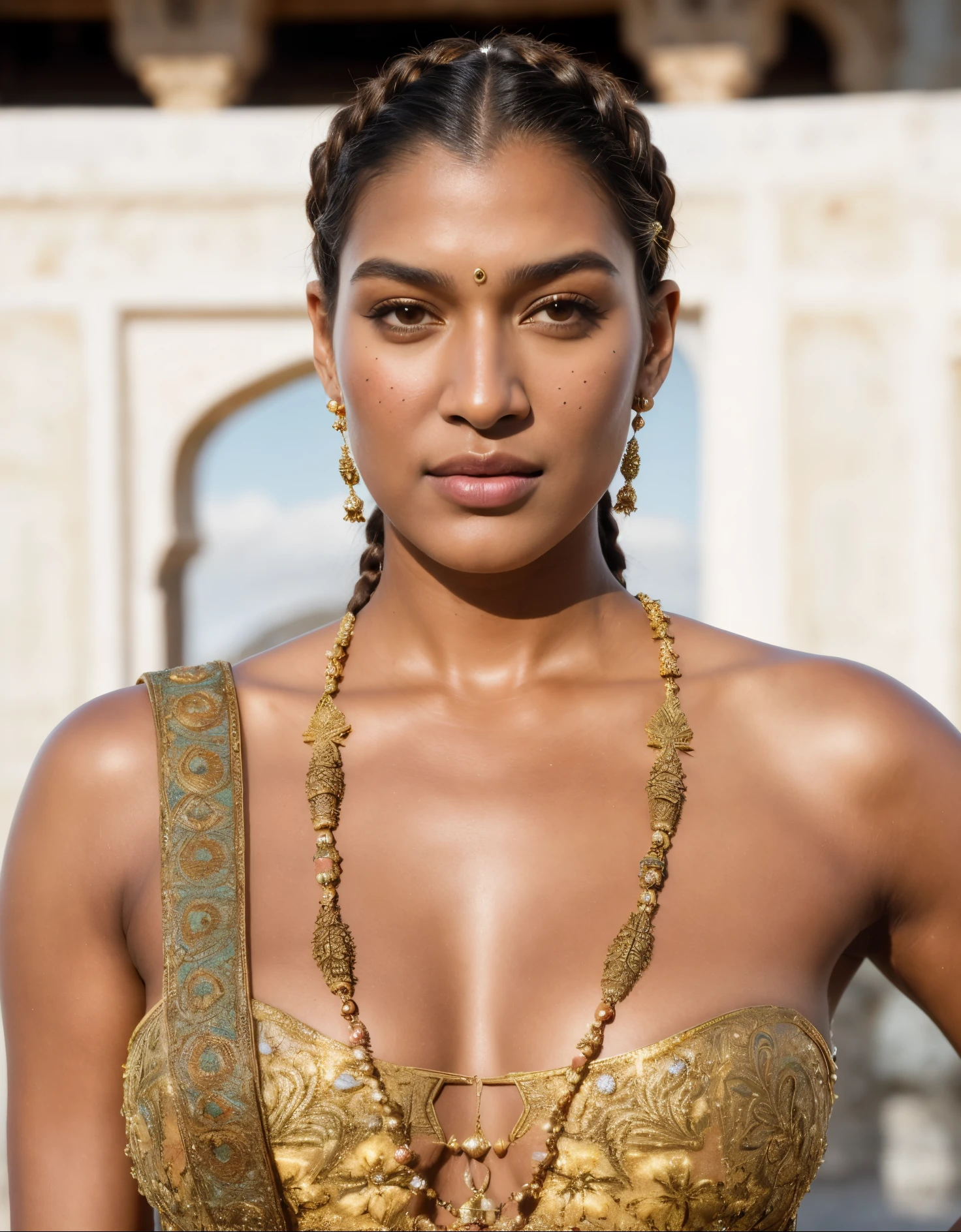 Foto RAW, close up portrait of a 40 year-old gorgeous confident blasian dark-skinned medieval fantasy queen, extremely gorgeous, looks like Kriti Sanon,  almond-shaped eyes, plump lips, gorgeous hazel-colored eyes, long hair, dutch braids, elaborate hairdo, serious look, steadfast expression, slim, body oil, moisturizing oil, tanning oil, oiled body, glowing skin, skin pores, rich regal traditional fantasy north african regal clothes, filigree jewels, in a fantasy north african palace, (backlighting), realistic, masterpiece, highest quality, lens flare, shade, bloom, [[chromatic aberration]], by Jeremy Lipking, by Antonio J. Manzanedo, digital painting, (pele altamente detalhada: 1.2), 8k UHD, DSLR, alta qualidade, grain of film, Fujifilm XT3