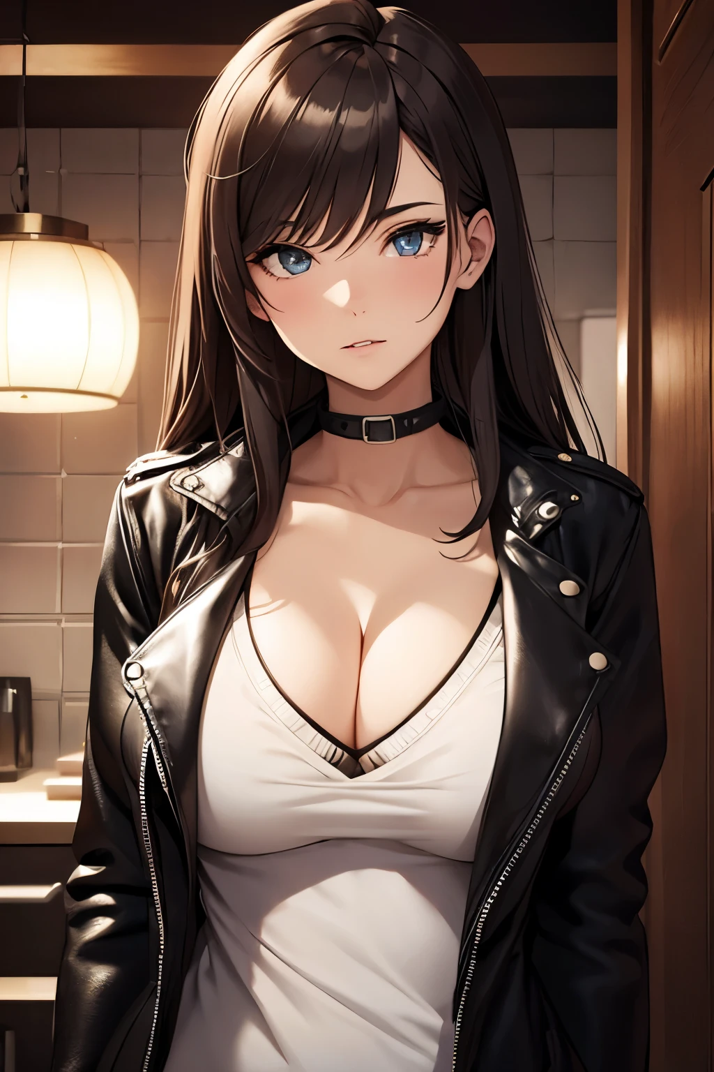 Beautiful girl, Russian girl, leather jacket, big breasts, cleavage, sexy