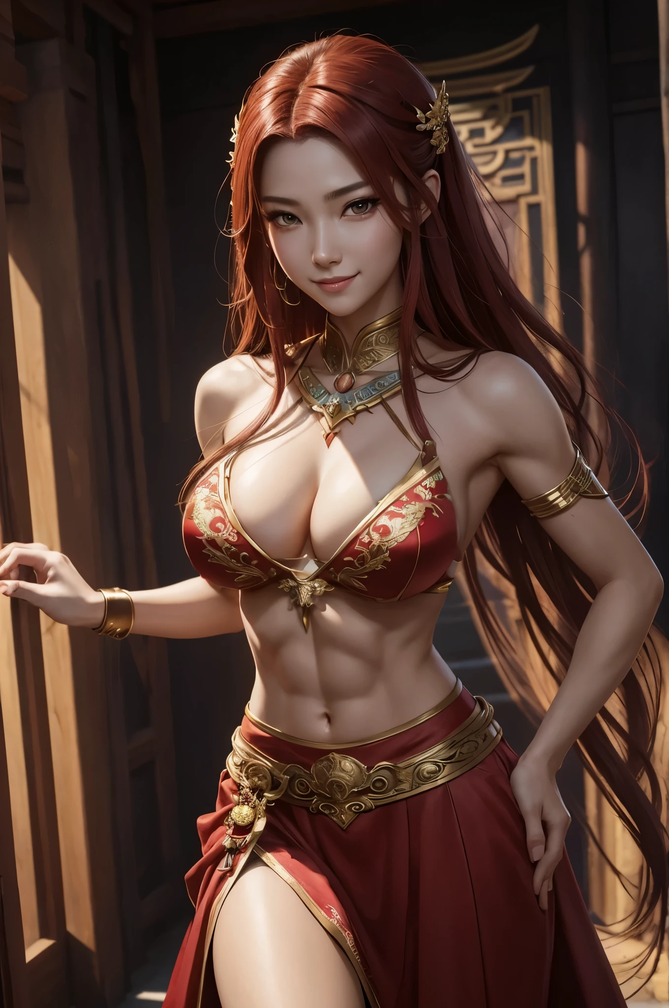 8k,Goddess close-up, gorgeous big breast dress, Sexy超美人(like the real thing)goddess of war,slender body,muscular woman,smile,kind eyes,beautiful long red hair,strongly cracked abdominal muscles,Sexy,highly detailed art germ, Alexandra Fomina Art Station, 2. 5d cgi anime fantasy artwork, fan art best art station, great character art, Kushart Krenz Key Art Feminine, Chengwei Pan at Art Station,Super high resolution,fantasy art,strongly cracked abdominal muscles,muscular thin legs,very big breasts,luxurious long skirt,Inside the temple,view audience,smile,kind eyes,beautiful expression,