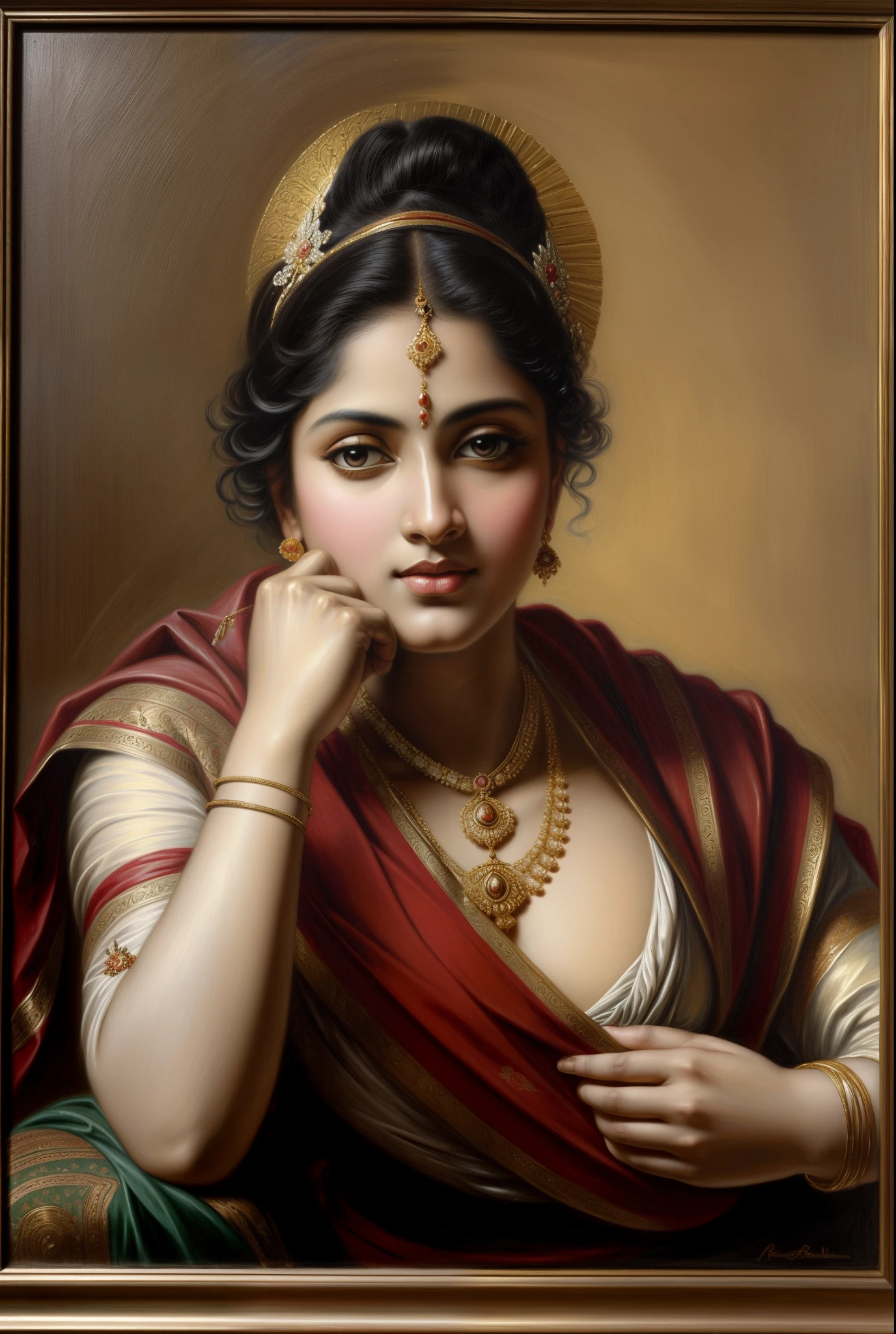 Beautiful Indian Woman, wearing saree, sari Beauty, gorgeous, Apsara, Maharani, royal queen woman, nymph from Hindu Mythology, Urvashi, matchless beauty, Highly detailed, Oil Painting by Peter Paul Rubens inspired by Raja Ravi Varma, Matchless beauty, captivating, gorgeous, heavenly beauty, celestial beauty, Jolyne as "The Butterfly" by Peter Paul Rubens, 1893, realistic, hyper realistic, micro details, incredible artwork, insane details, ultra High resolution, 8k, 32k, acrylic on canvas, intricate, flawless, detailed, detailed face, detailed eyes, masterpiece, by Peter Paul Rubens, by Caravaggio, by William Adolphe bouguereau, perfect face, perfect body, beautiful art, realism, baroque, renaissance Art, highly textured, beautiful and High clarity eyes, uhd, best quality,