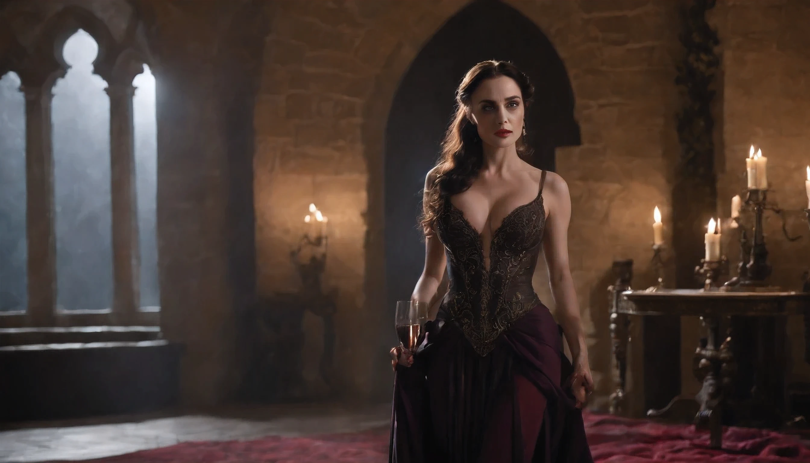 (NUDITY) Moonlight filters through Gothic arched windows, illuminating Morgana’s voluptuous figure as she stands thoughtfully near a roaring hearth. She is garbed in a diaphanous black gown, the silky fabric clinging to her dangerous curves. Her raven hair cascades over bare shoulders as she swirls a glass of dark red wine.
Shadows dance across the bedchamber walls, cast by guttering candles and the flickering firelight. Morgana takes a slow sip of wine, peering over the glass rim with violet eyes glinting as she watches her love enter. Her full lips curl into a subtle, beckoning smile.
Her mysterious lover approaches, desire evident in his gaze as it roams hungrily over Morgana’s ample cleavage and the dress’s thigh-high slit revealing a long, toned leg. Morgana sets down her wine and turns, presenting the corset laces of her gown. With a roguish grin, her paramour tugs at the ribbons, loosening them to unveil smooth, glowing skin underneath.
Thunder rumbles distantly as the stormy night deepens. Morgana reaches out and pulls her lover toward the ornate four-poster bed, her nail tracing his jawline devilishly. She kisses him, relishing his accelerating passion. Then with sudden force, she shoves him down onto the silken sheets, pouncing to straddle his waist, raven hair falling wildly over pale shoulders. Her violet eyes flash with fiery magic as she smiles wickedly and makes her lover utterly hers for the taking...
