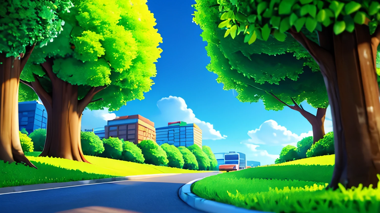 3D Animation Style Free vector City scene with landscape building blue sky and green trees road line illuminated sun