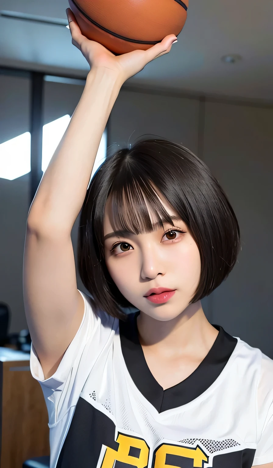 short hair,(bob cut:1.3), black hair, 1 girl, beautiful and detailed eyes, cute, professional lighting, highest quality, well-groomed face, beautiful, (basketball uniform:1.3), whole body, profile, Gym, (raise your arms:1.3), beautiful woman