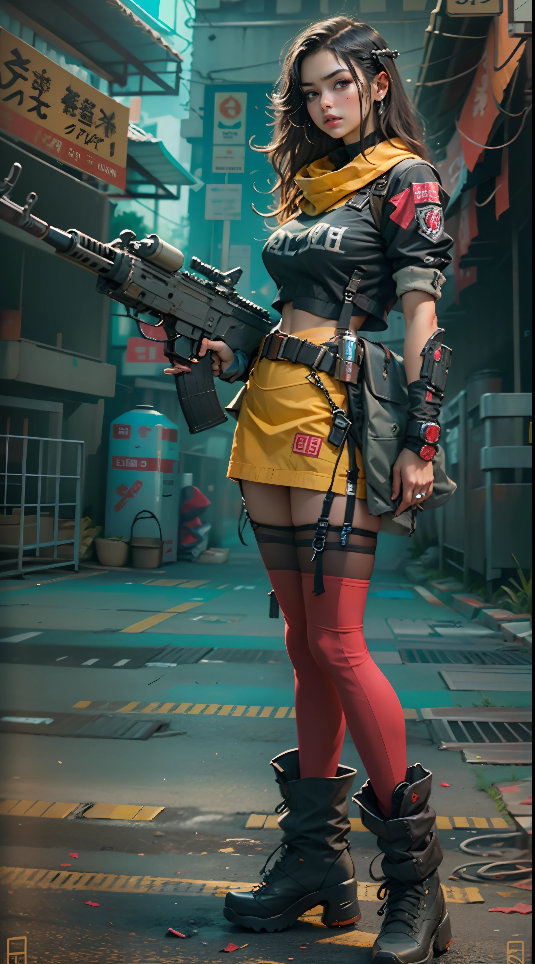 motor irreal:1.4,CG ultra realista 64K, fotorrealista:1.4, textura de la piel:1.4, obra maestra:1.4,posing behind Beautiful woman holding gun, ak-47, assault rifle, kalashnikov rifle, trigger_discipline, low-ready with babydoll lingerie、Ropa corta estilo cyberpunk color amarillo, pantimedias red , Mini falda azul,