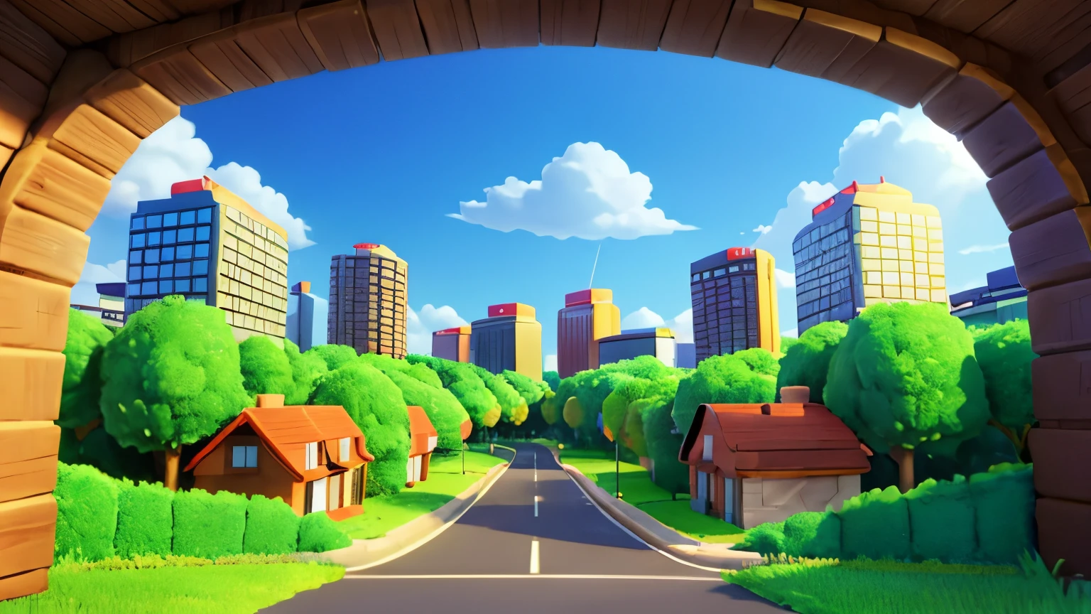 3D Animation Style Free vector City scene with landscape car and building background blue sky and green trees road line illuminated sun