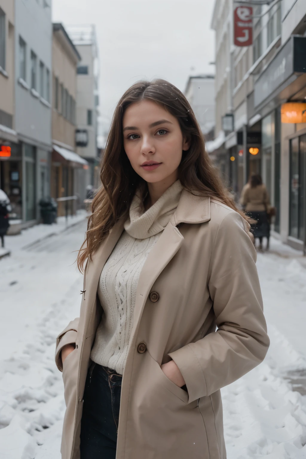 professional portrait photograph of a gorgeous Norwegian girl in winter clothing with long wavy blonde hair, sultry flirty look, gorgeous symmetrical face, cute natural makeup, wearing elegant warm winter fashion clothing, ((standing outside in snowy city street)), stunning modern urban environment, ultra realistic, concept art, elegant, highly detailed, intricate, sharp focus, depth of field, f/1. 8, 85mm, medium shot, mid shot, (((professionally color graded))), bright soft diffused light, (volumetric fog), trending on instagram, hdr 4k, 8k