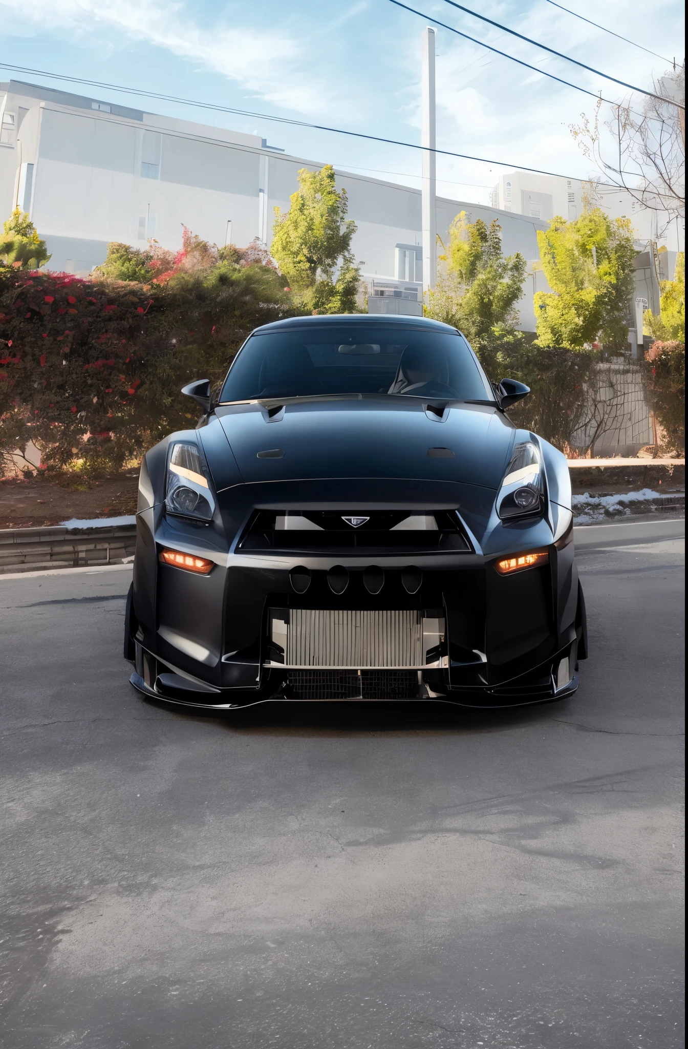 arafed sports car parked in a parking lot with a building in the background, front profile shot, gtr xu1, wide body, front shot, front side views full, front side full, medium wide front shot, front lit, front on, front profile, front angle, full - body - front - shot, full body wide shot, cinematic front shot