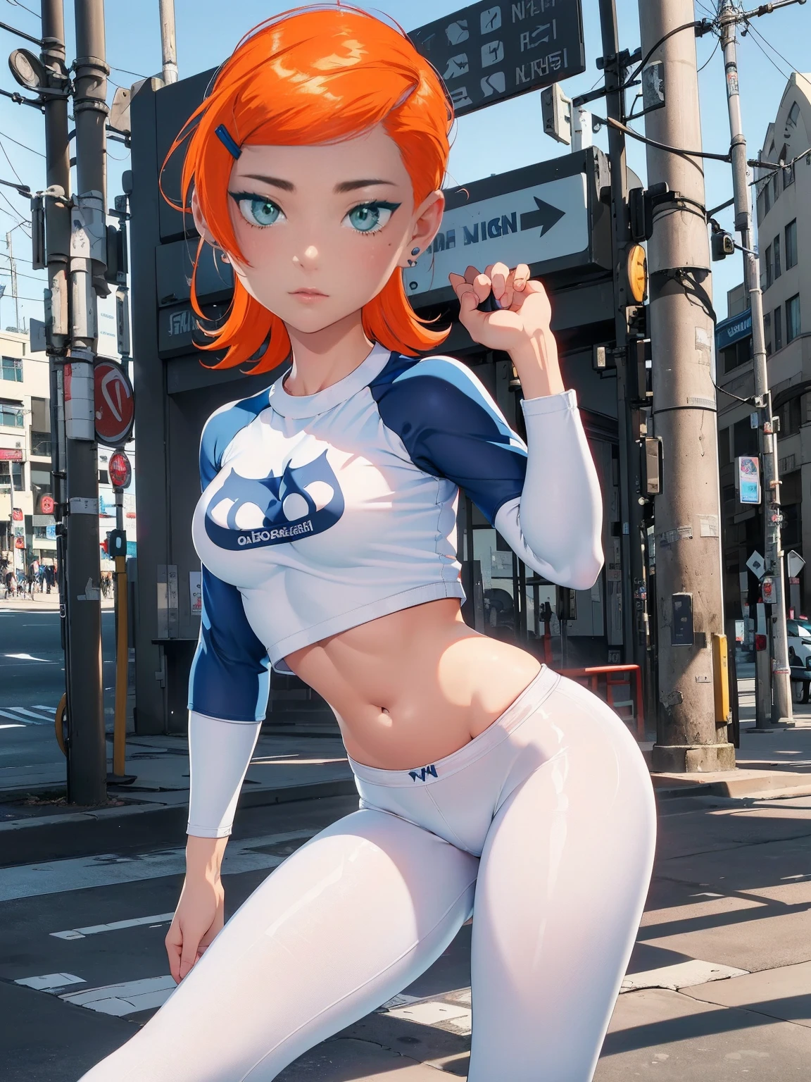 (masterpiece, 1girl, solo), (high quality), 8k, perfect eyes, perfect face, long sleeves,  light blue shirt, tight white pants, standing, teasing, in the street, front of beach, cat logo in shirt,(((MFBP1, white legging pants, sexy woman, fitness, small breasts, large hips, curvy))),