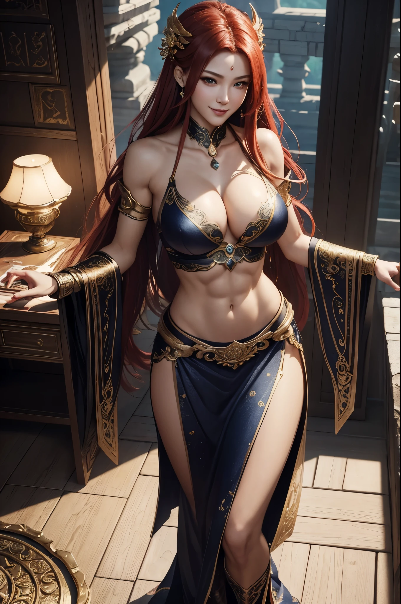 8k,Goddess close-up, gorgeous big breast dress, Sexy超美人(like the real thing)goddess of war,slender body,muscular woman,smile,kind eyes,beautiful long red hair,strongly cracked abdominal muscles,Sexy,highly detailed art germ, Alexandra Fomina Art Station, 2. 5d cgi anime fantasy artwork, fan art best art station, great character art, Kushart Krenz Key Art Feminine, Chengwei Pan at Art Station,Super high resolution,fantasy art,strongly cracked abdominal muscles,muscular thin legs,very big breasts,luxurious long skirt,Inside the temple,view audience,smile,kind eyes,beautiful expression,