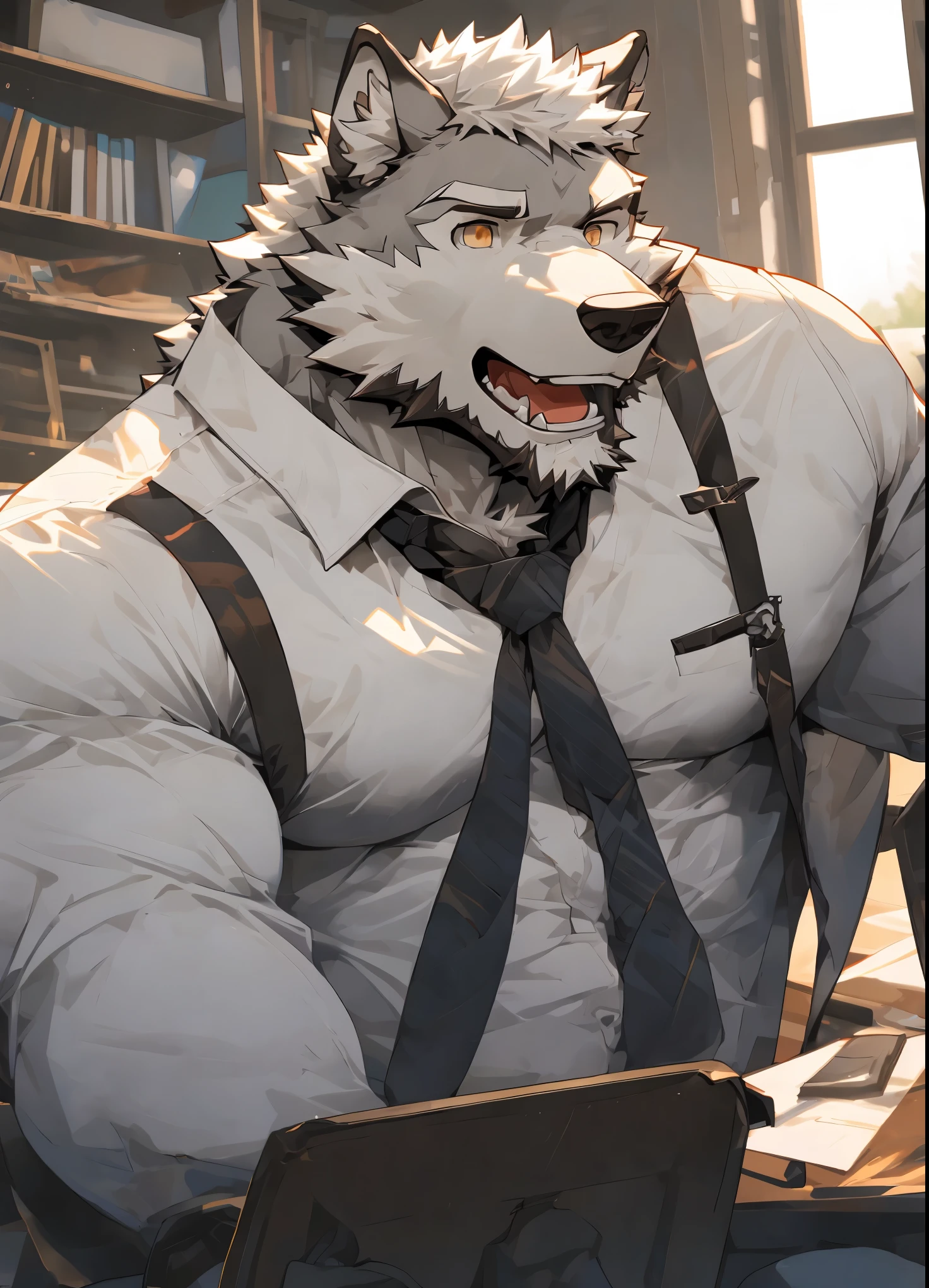 （masterpiece），（Very detailed），（best quality），alone，hairy，Wolf，gray fur，white hair，black beard，muscular，strong body，white shirt，Open，office background，8k，（（high quality））