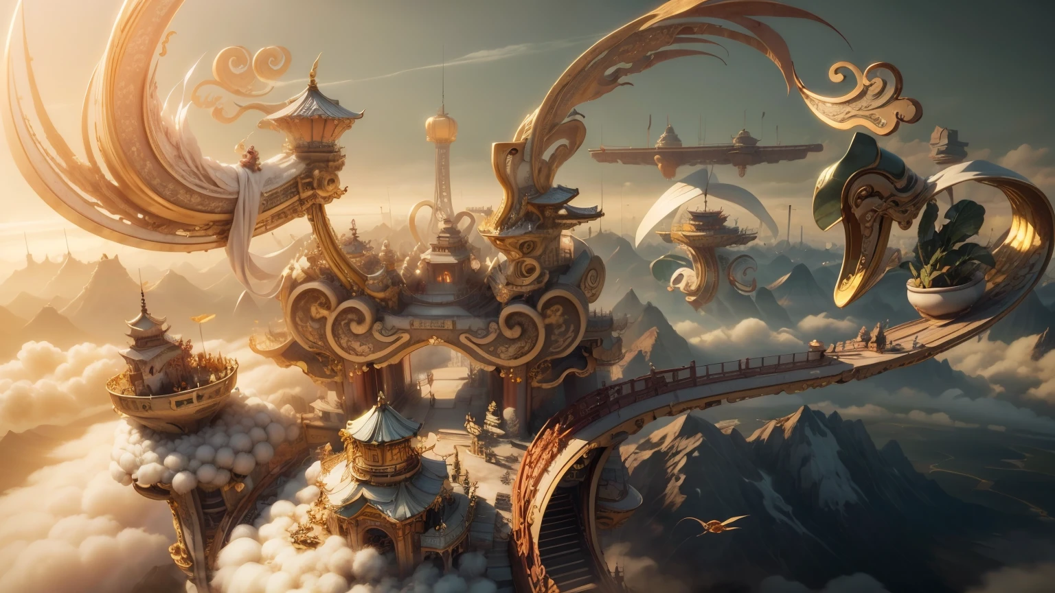 (golden chinese garden),flight,Dream,floating islands in the sky,Artifact light effect,masterpiece,Super exquisite,three-dimensional,super rich,Super detailed,32k,All around are magnificent
