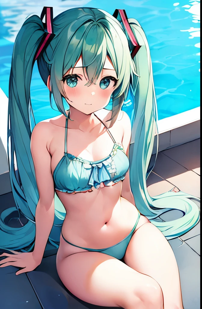 18 year old girl,Hatsune Miku,Turquoise hair,Double tail,legs spread,blush,Youyi,By the pool,