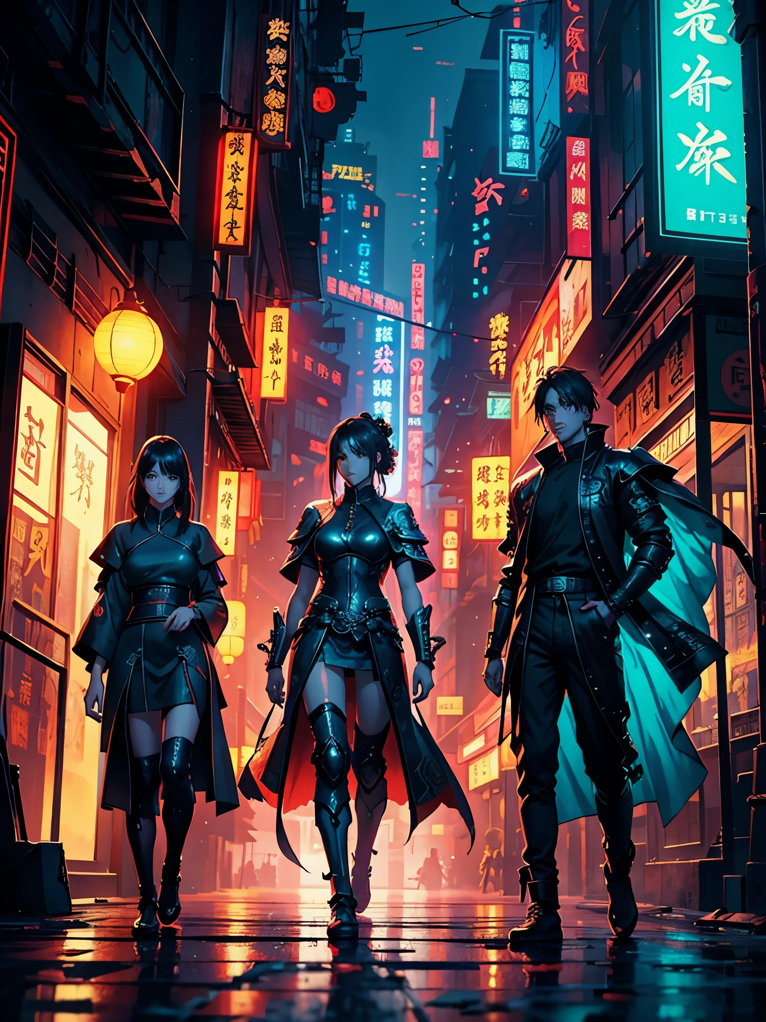 Scenery in ancient China with neon lights, Masterpiece, high resolution, with anime style beautiful women wearing ancient armor with cyberpunk elements, magic cicle, RTX, amazing anime illustration, impressive lighting, fantastic, dangerous, monstrous