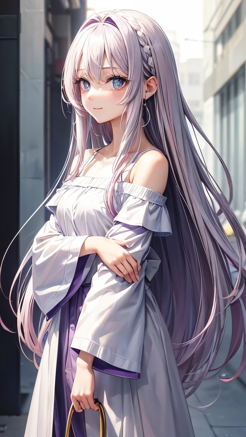 20 years old Japanese lady (( small breast, slender)), shiny pale purple straight long hair (( pale purple hair , gradient white hair )),(( so much shaggy forelock))(( some pale blue highlights)), BREAK, big droopy eyes ((shiny light blue eyes)), eyelashes, BREAK, tidy and adult fashion (( pink off-shoulder shirt and white long pants)), white overcoat , calm and friendly smiling, girly and friendly atmosphere,((face focus)), looking down pose