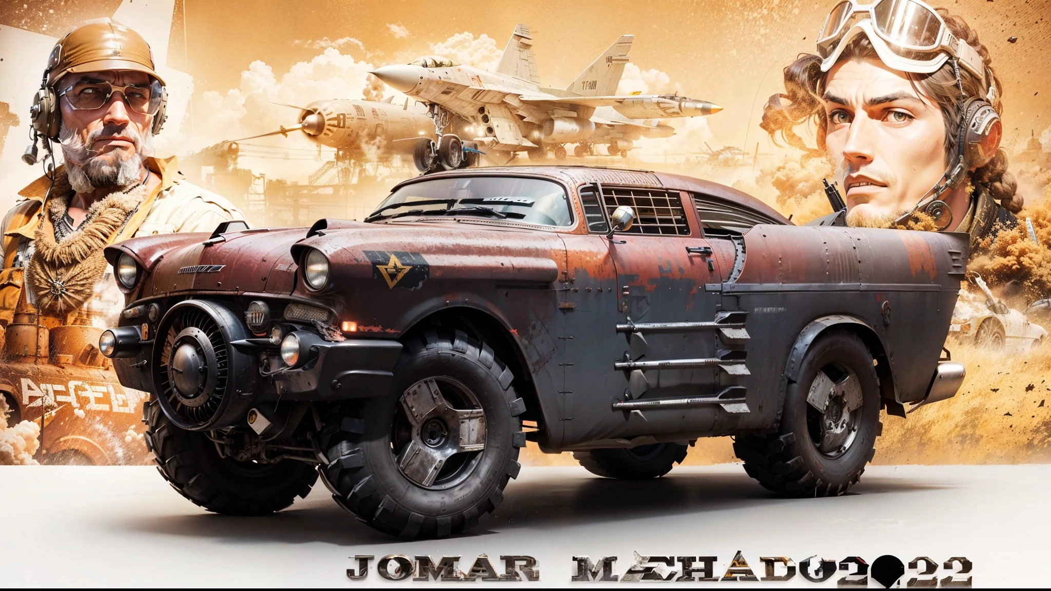 A grunge and deteriored Chevy 57 transformed in a battle car with missiles and machine gun with an warrior man with all the war equipment and F14 jetplane in the middle and a japanese pilot in the right
