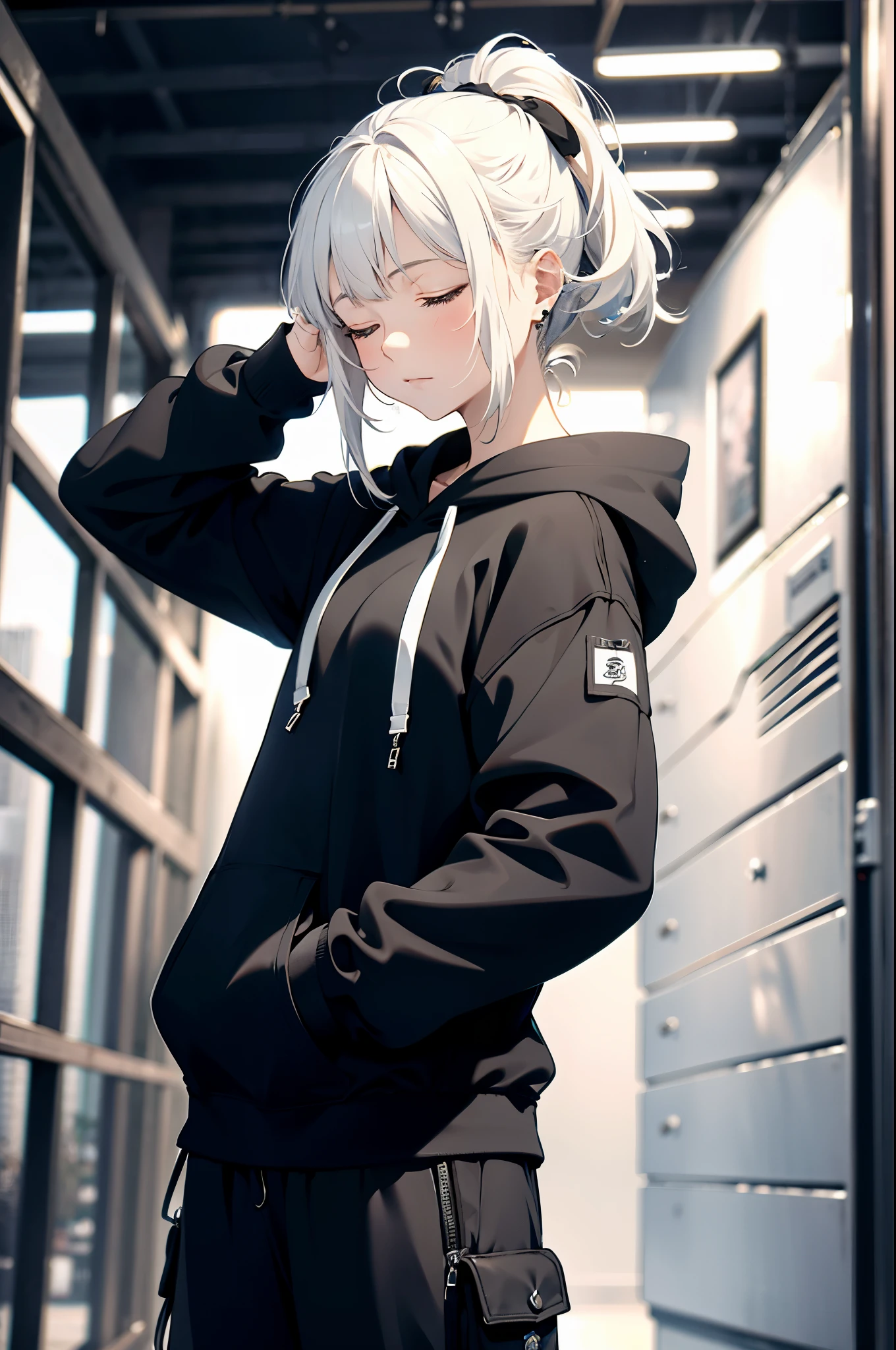 (masterpiece:1.4), 1girl, (confused), (looking up)), eyes closed, ((scratching head)), (hand behind head), Streetwear,cargo pants, street, (masterpiece, best quality, highres, ultra detailed ), night, depth of field, absurdres, (masterpiece:1.4), closed eyes, thinking, ultra-detailed, 1girl, pale-skinned, stand up, black and white, ((white hair)), ((black hoodie))