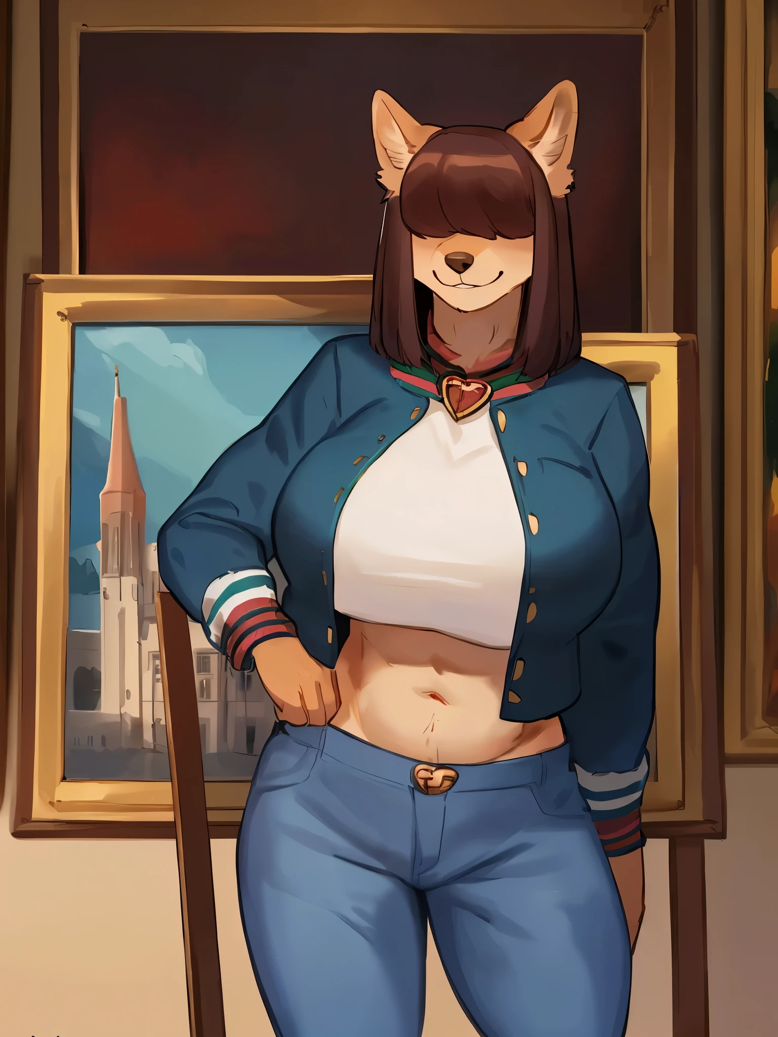 By bebebebebe, by lostgoose, by goonie-san, female, ((canine, snout, hair covering eyes, straight hair, medium hair, flat hair, ears, thin snout)), brown fur, big poofy tail, raised tail, dark maroon hair, ((muscular)), (big breasts), solo, standing, smiling, happy, jacket, crop top, jeans, ((gucci)), ((historical english city)), ((painting on easel, canvas, easel, self portrait))