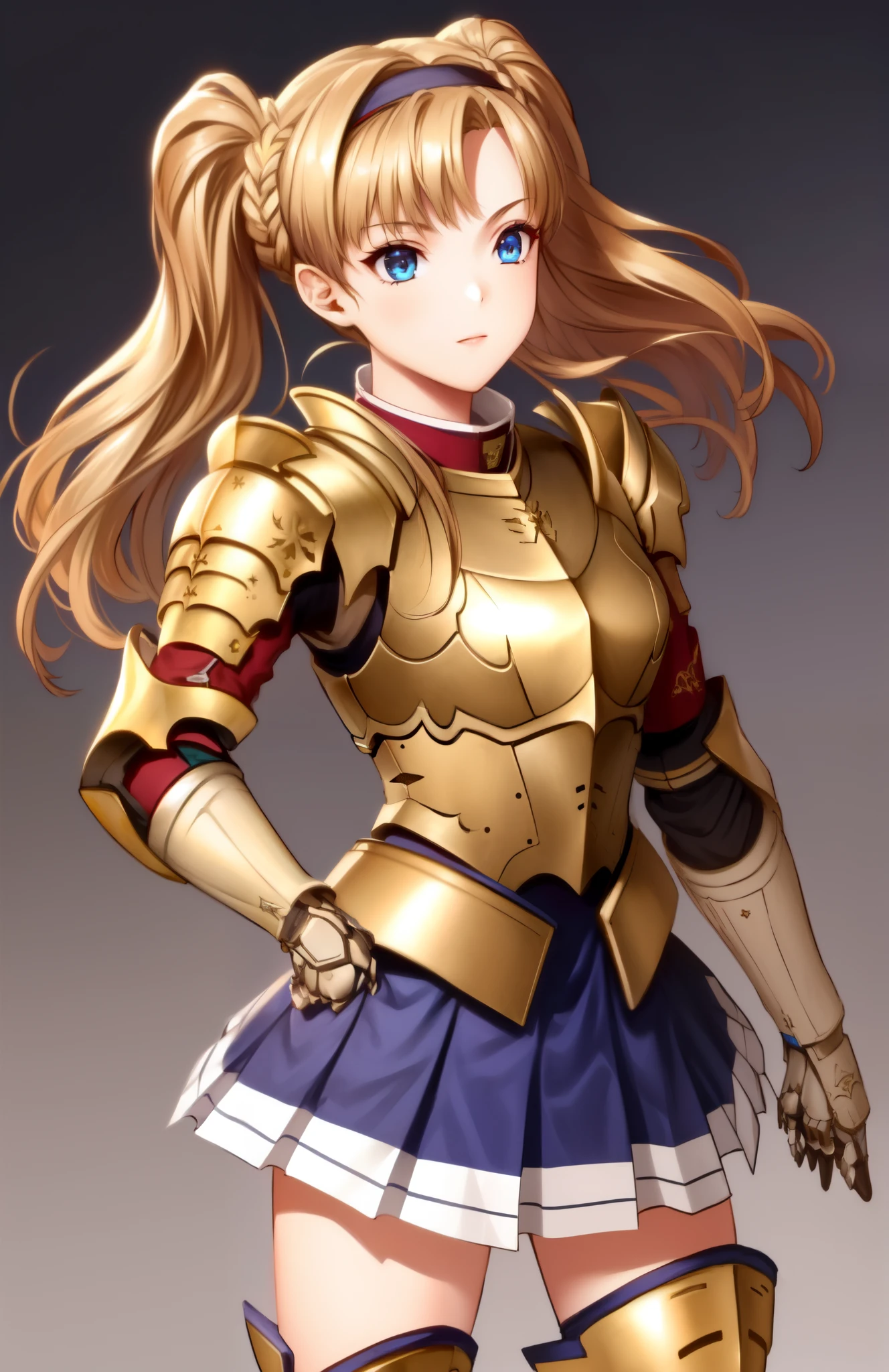 perfect eyes:1.2, detailed eyes:1.4, braid, hair intakes, twintails, hairband, blonde hair, blue eyes, helmet, armor, gauntlets, pleated skirt, armored boots, cowboy shot, 1girl, solo, (masterpiece:1.6, best quality), 8k, insane details, intricate details, hyperdetailed, hyper quality, high detail, ultra detailed, professional, HDR, ray tracing reflection, cinematic lighting,