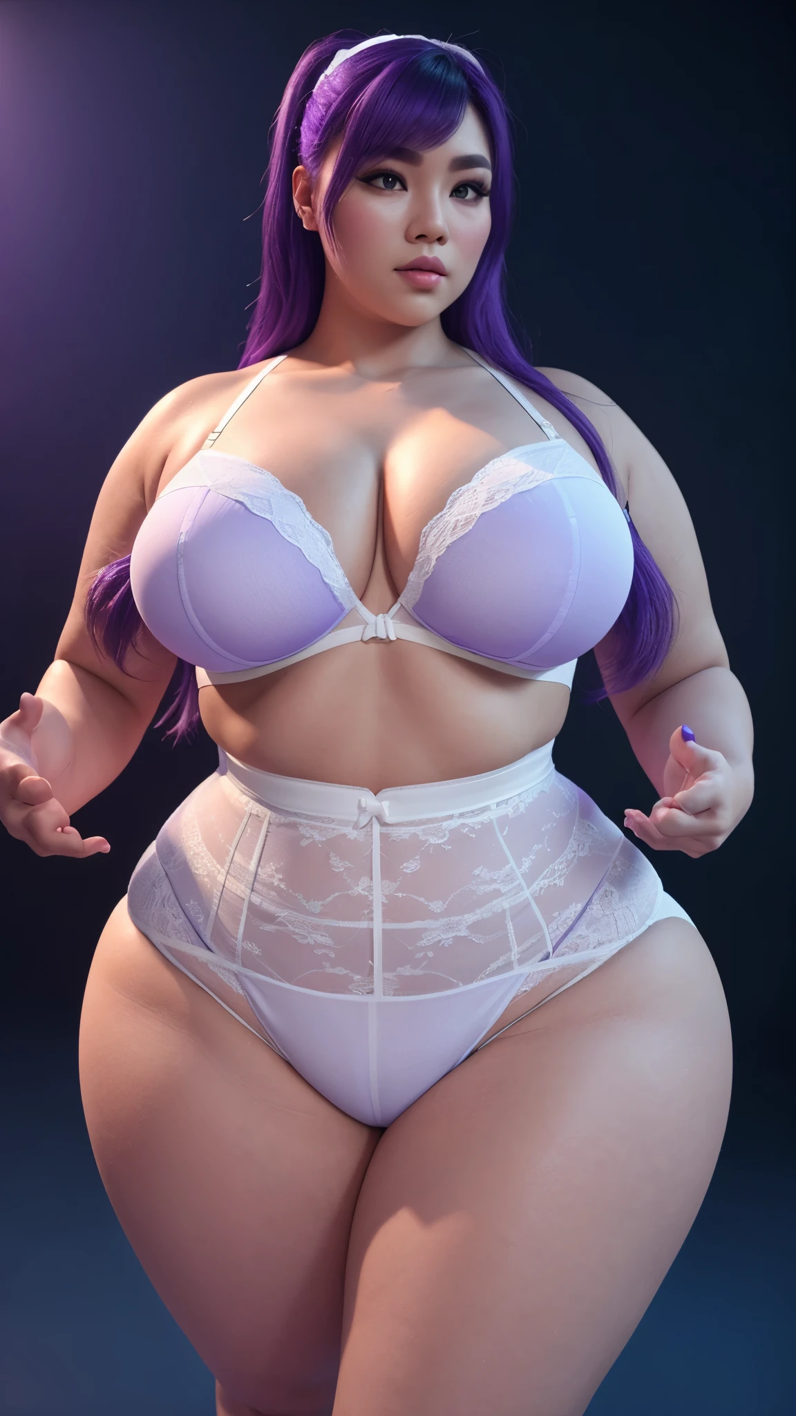 240 lbs bbw malay, big ,(( high waist white-purple underwear)), fresh colour dominant, blue lighting ((#FEE3D4 skin color)