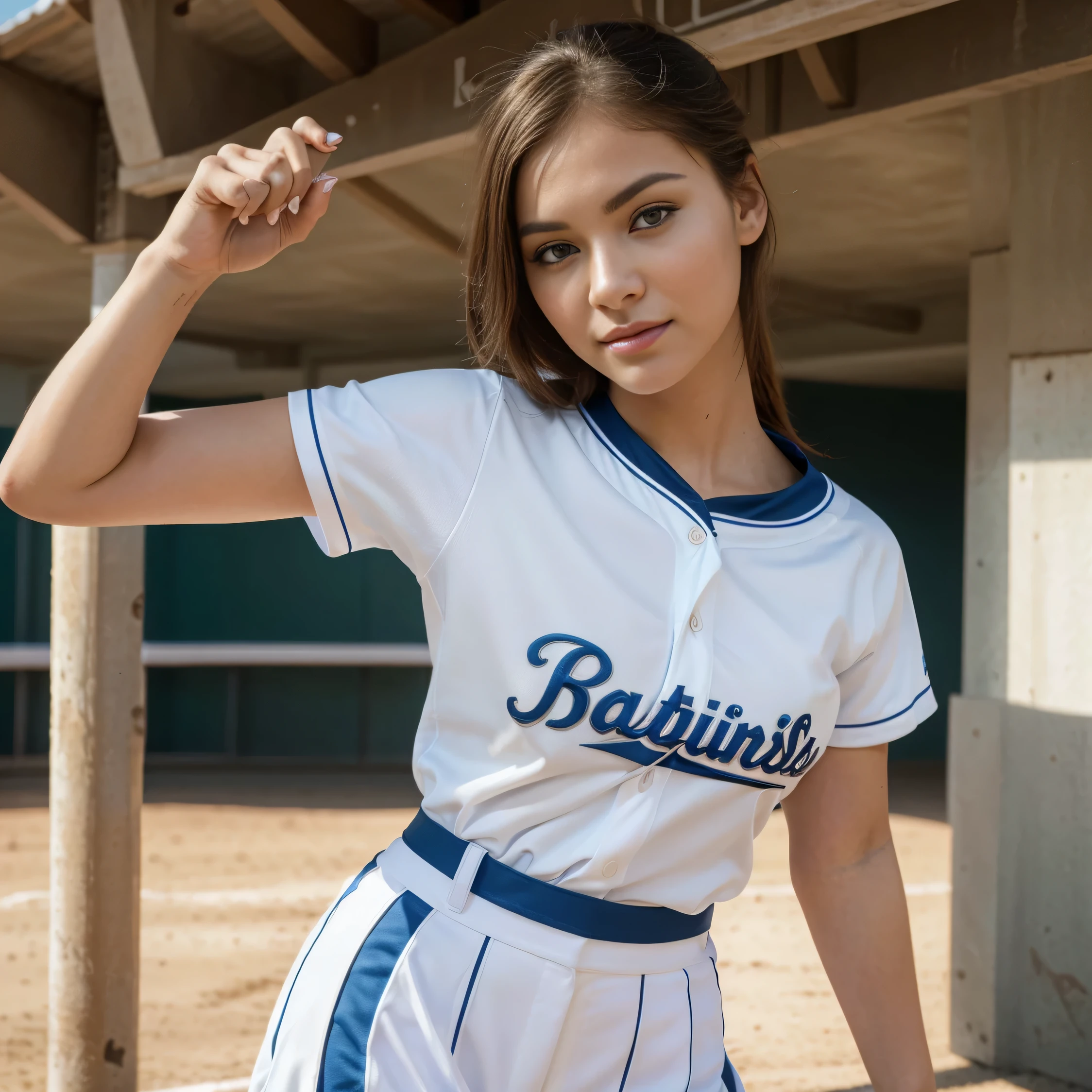 ((master piece)), ((top-quality)), (super detailing), ((high detailing)), 4K, (8K), Top image quality, (Beautiful face), beautiful makeup, white Baseball uniform with blue stripes, photos realistic, absurderes, cheer girl, Being on the baseball field、Fashion Model Pose, triumphant expression, Satisfied look, Natural beautiful light, Pretty beautiful woman