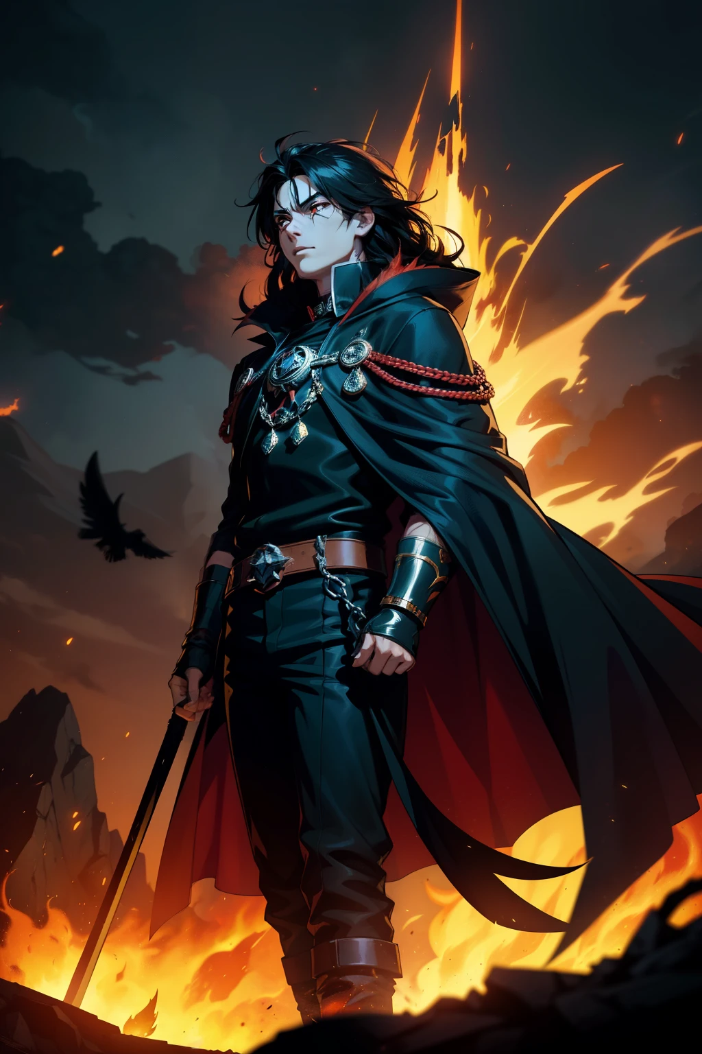A young anime character, with a vibrant red and jet-black mane adorned by a glowing yellow star, stands boldly against the backdrop of Minho's distinct style. Behind him, an ominous horde of black crows amasses, their beady eyes glinting in the infernal light. The hellish background unfolds with smoldering lava pools and twisted, sulfurous landscapes, punctuated by the occasional flickering manifestation of tormented souls. A haunting symphony of melting metal, fiery explosions, and tormented screams fills the air, while the acrid stench of sulfur and brimstone assault