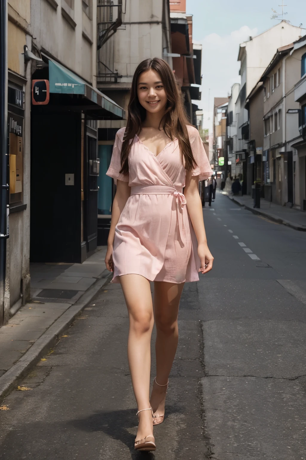 (Full body image:1.5), (half japanese half german teenager, standing, alone:1.2) , (she's wearing beautiful long pinkish sunday dress:1.3), (she's walking home the street coming from church:1.3), she has (brown eyes, dark brown a little long hair:1.2), (she's smiling a little, looking at the person walking towards her:1.2), anime style, 16k, best quality, high details, textured skin, UHD, masterpiece, anatomically correct
