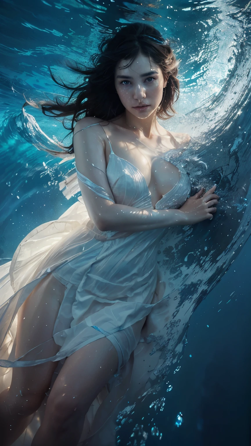 8k portrait of  a woman (wearing a white dress)  who falling (between surface and bottom) of dark blue sea   (  highly detailed, cinematic, digital photography, art by artgerm and ruan jia and greg rutkowski surreal graphic [Waves refract light ],, (masterpiece, sidelighting, finely realistic detailed: 1.2), hdr