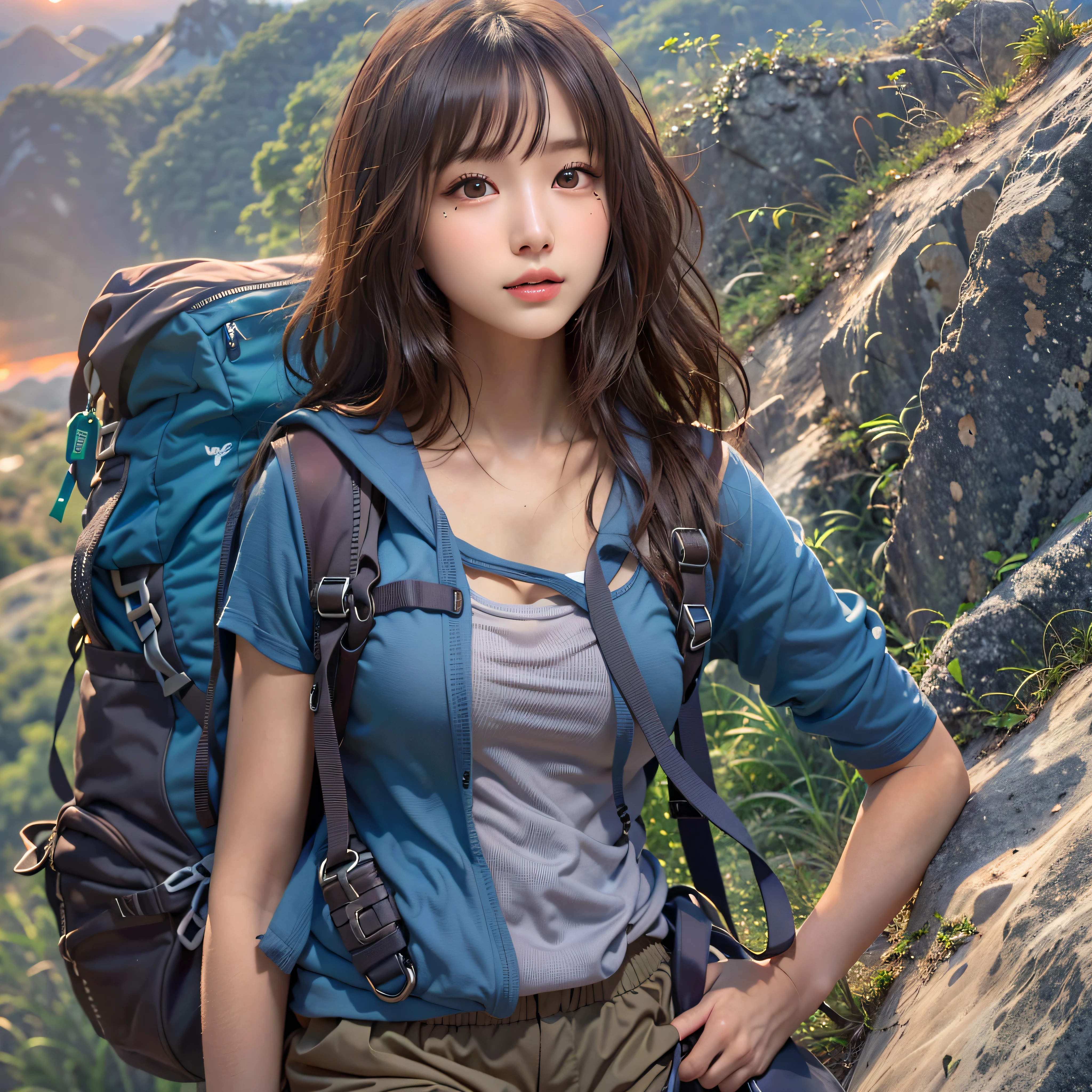 (nature photography), (best quality), masterpiece:1.2, ultra high resolution, lifelike:1.4, original photo, (majestic mountain peak, sea of clouds), (on a very high mountain), (Sunset), (Wide-angle lens), (Show cleavage:0.8),
(1 girl), (Photos from the knee up:1.3), (18 years old), (happy:1.2), (skin shiny), (Real skin), (semi long hair, Dark brown hair)
(Sleeveless vest), (Blue hiking shorts), (Carrying a big backpack),
(Super detailed faces), (super beautiful shit), (Super detailed eyes), (Super detailed nose), (Super detailed mouth), (Super detailed arms), (Super detailed body), pan focus, looking at the audience