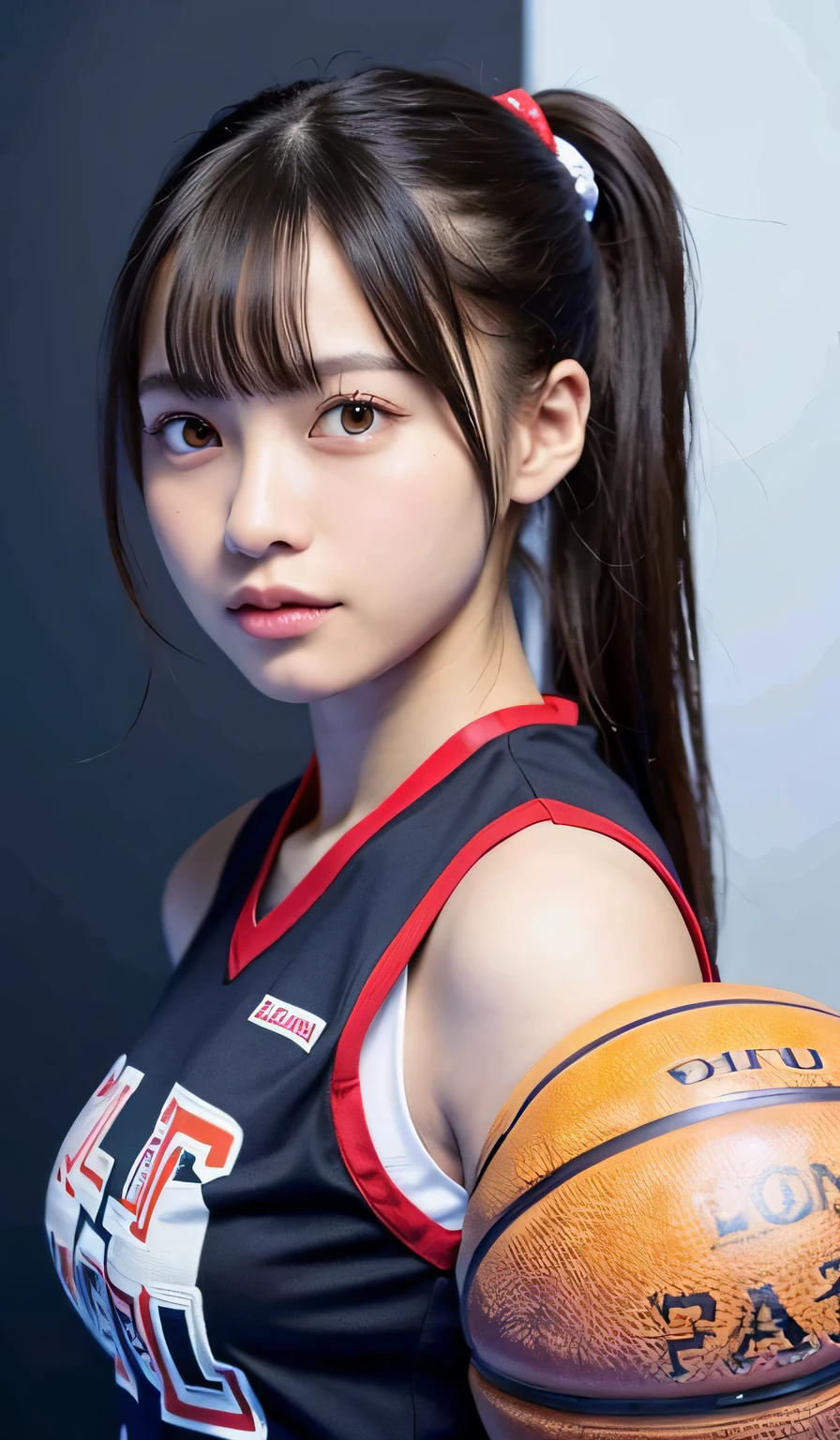 big breasts, ponytail, black hair, 1 girl, beautiful and detailed eyes, cute, professional lighting, highest quality, well-groomed face, beautiful, (basketball uniform:1.5), whole body, Gym, beautiful woman, (big breasts 1.5), one knot