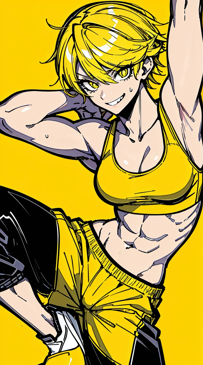 (masterpiece, best quality:1.6), solo, thick outline, (simple background, bright yellow background, monochrome, yellow theme:1.2), official art, key visual, 8k, muscular woman, 28 years old, full body, (unique hair, tank top, sports bra, baggy sweatpants, arch back, short torso:1.2), navel, thighs, action pose, punching, short yellow hair, pixie cut, smirking, winking, HDR, sharp focus, highres, highest detailed, extreme detailed, ultra detailed, finely detail, detailed eyes and face, sharp pupils, realistic pupils