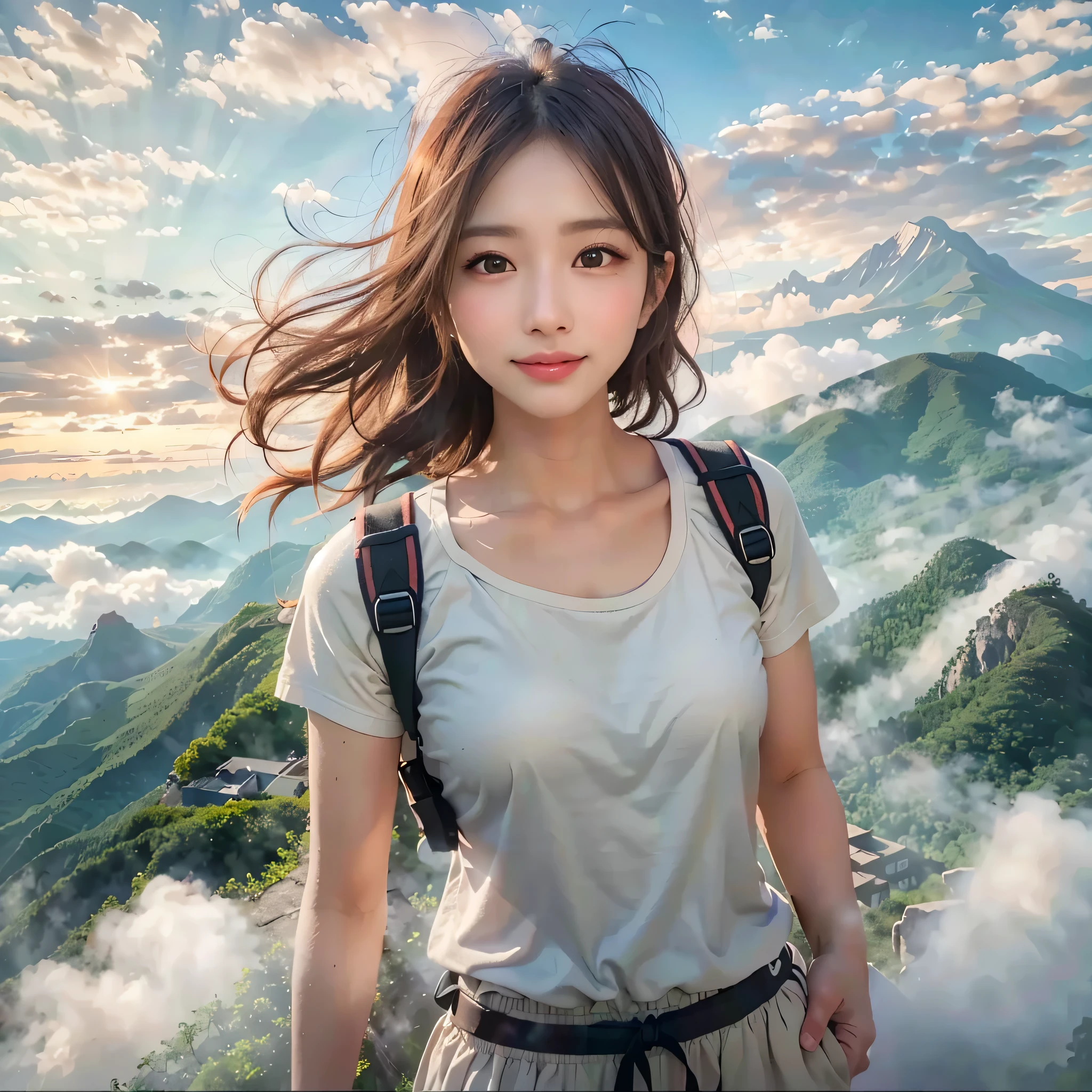(best quality, hyperrealistic photography), majestic mountain peak, sea of clouds, Woman watching sunset, Selfie, ((Upper body)), White T-shirt, Hiking shorts, Hiking boots, Backpack, (The face is super delicate, 超beauty仆, Eyes are super delicate, Super detailed nose, Super detailed mouth, Ultra-detailed facial features), beauty, 18 years old, smiling happily、huge
